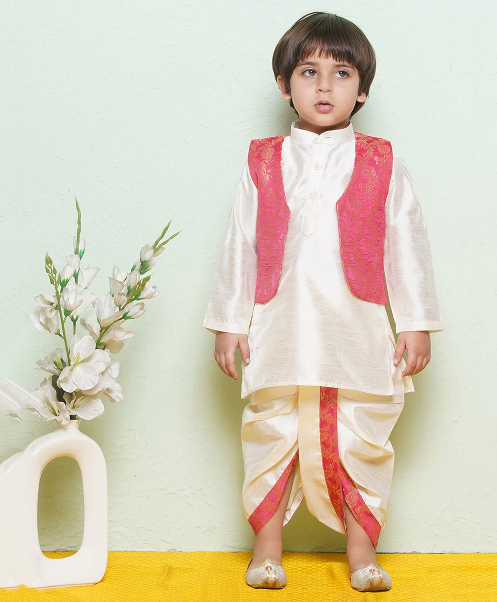 AJ Dezines Full Sleeves Solid Kurta With Floral Ethnic  Printed Jacket & Dhoti - Pink-picture-29