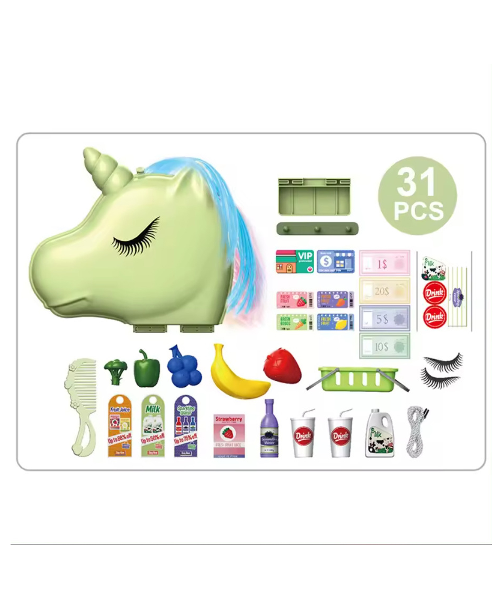 NEGOCIO 31PCS DIY plastic play house supermarket shopping toys educational unicorn shape bag supermarket toys for children- PACK OF 1 - COLOR MAY VARY-image-20
