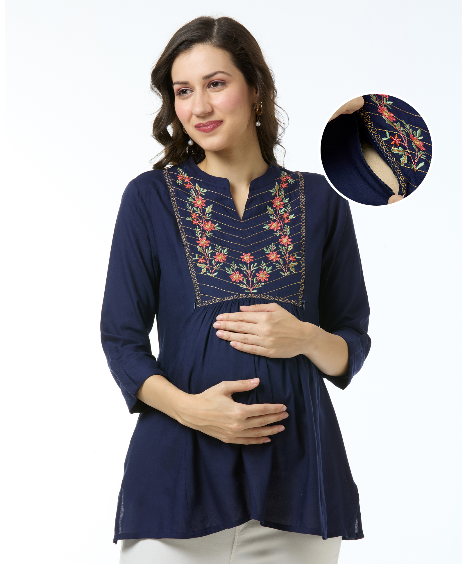 Bella Mama WovenThree Fourth Sleeves Maternity Top With Floral Embroidered Yoke & Side Pocket - Navy Blue