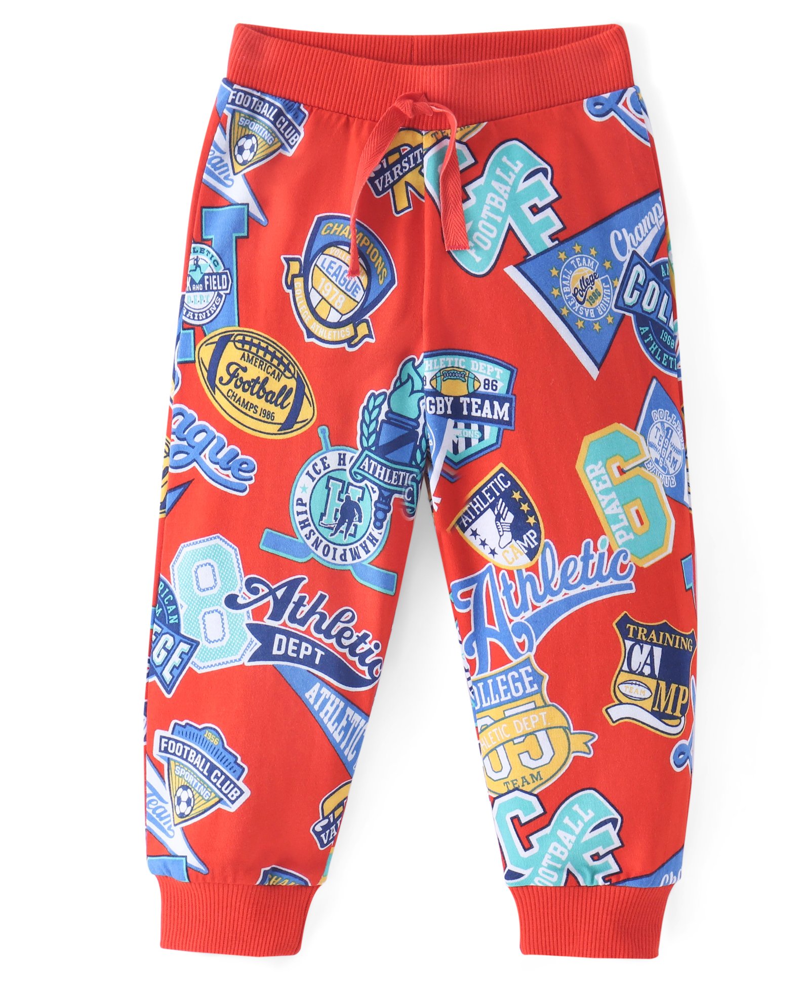 Babyhug Cotton Knit Full Length Lounge Pants With Varsity Print - Red-picture-27