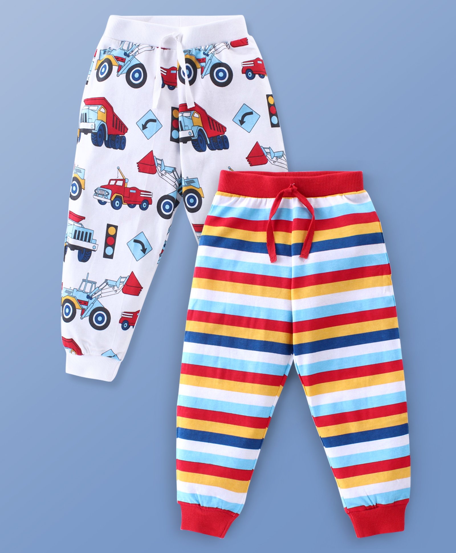 Babyhug Cotton Knit Full Length Striped Lounge Pants with Vehicle Print Pack of 2 - Multicolour-picture-20