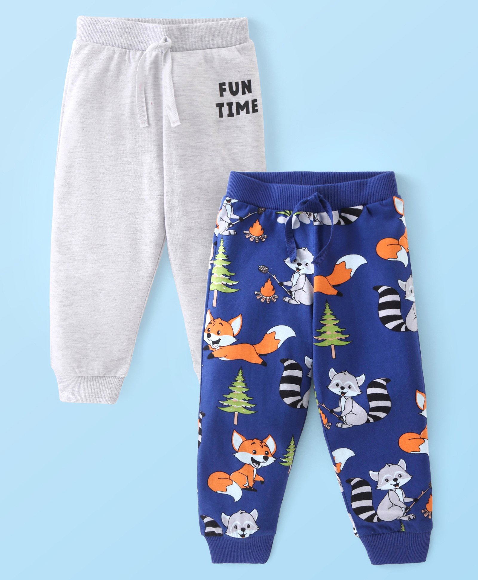 Babyhug Cotton Knit Full Length Lounge Pants Fox Print Pack of 2- Navy & Grey