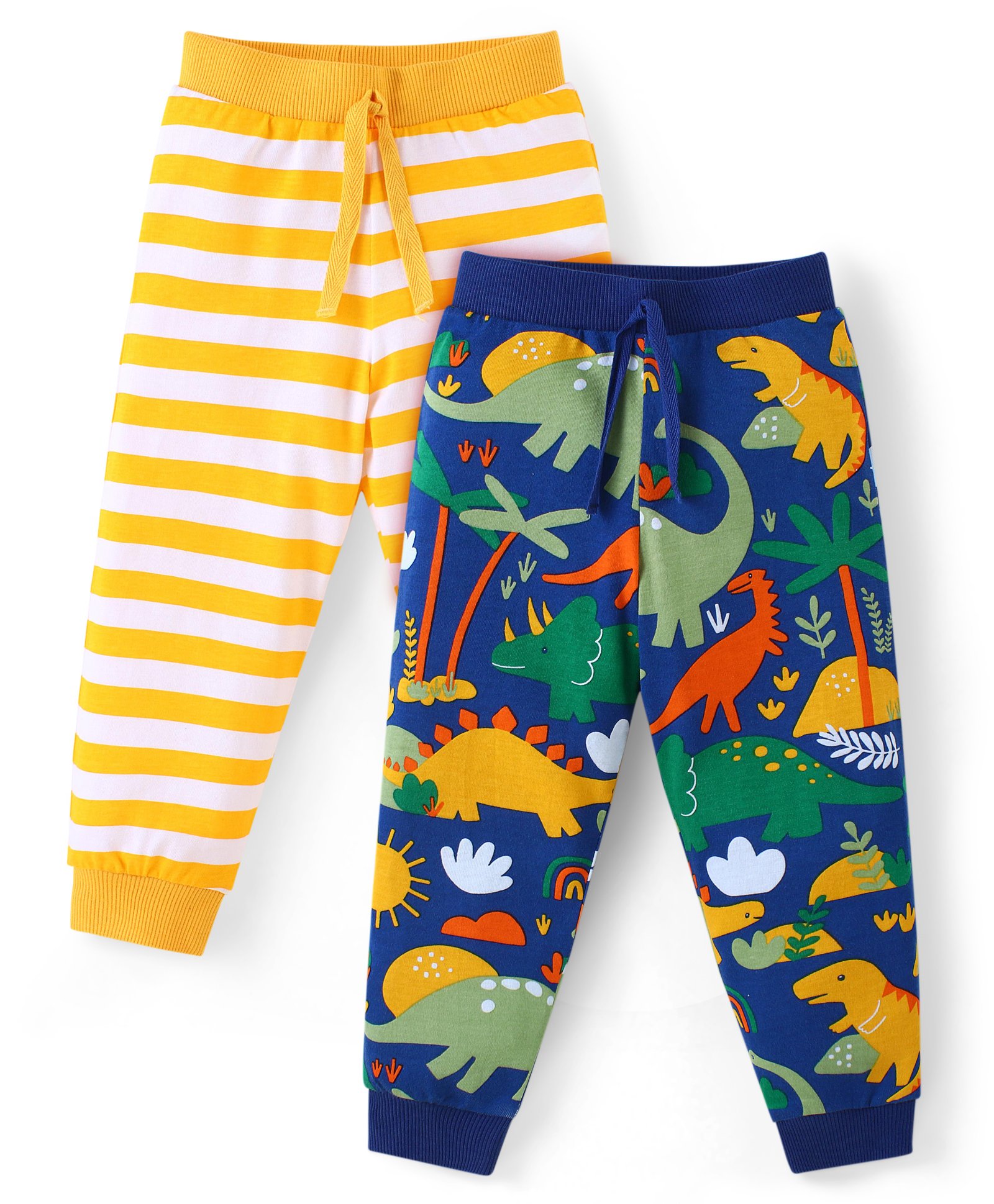 Babyhug Cotton Knit Full Length Lounge Pants With Stripes & Dino Print Pack Of 2 - Multicolor