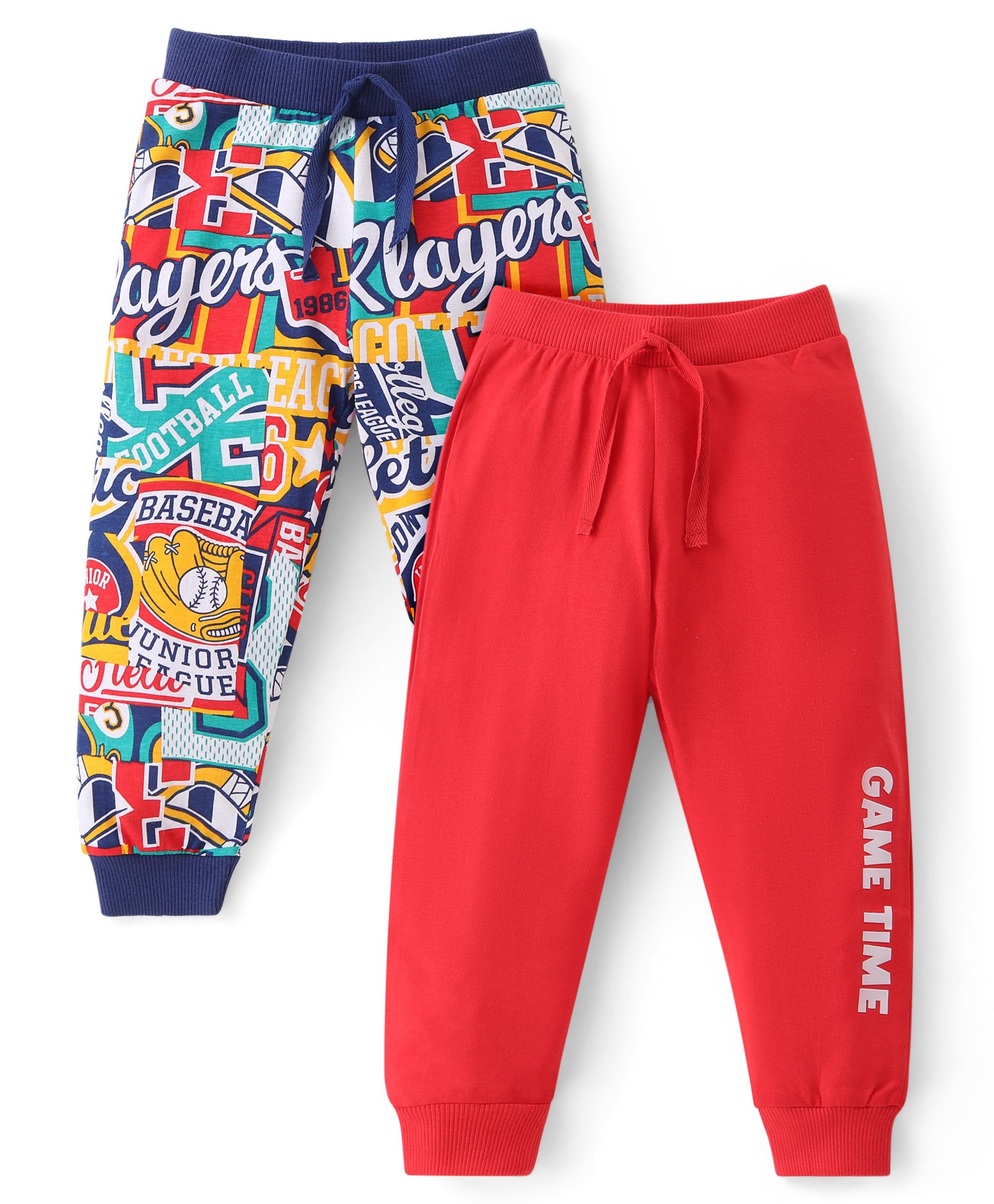 Babyhug Cotton Knit Full Length Lounge Pants With Varsity Print Pack Of 2 - Multicolor-image-23