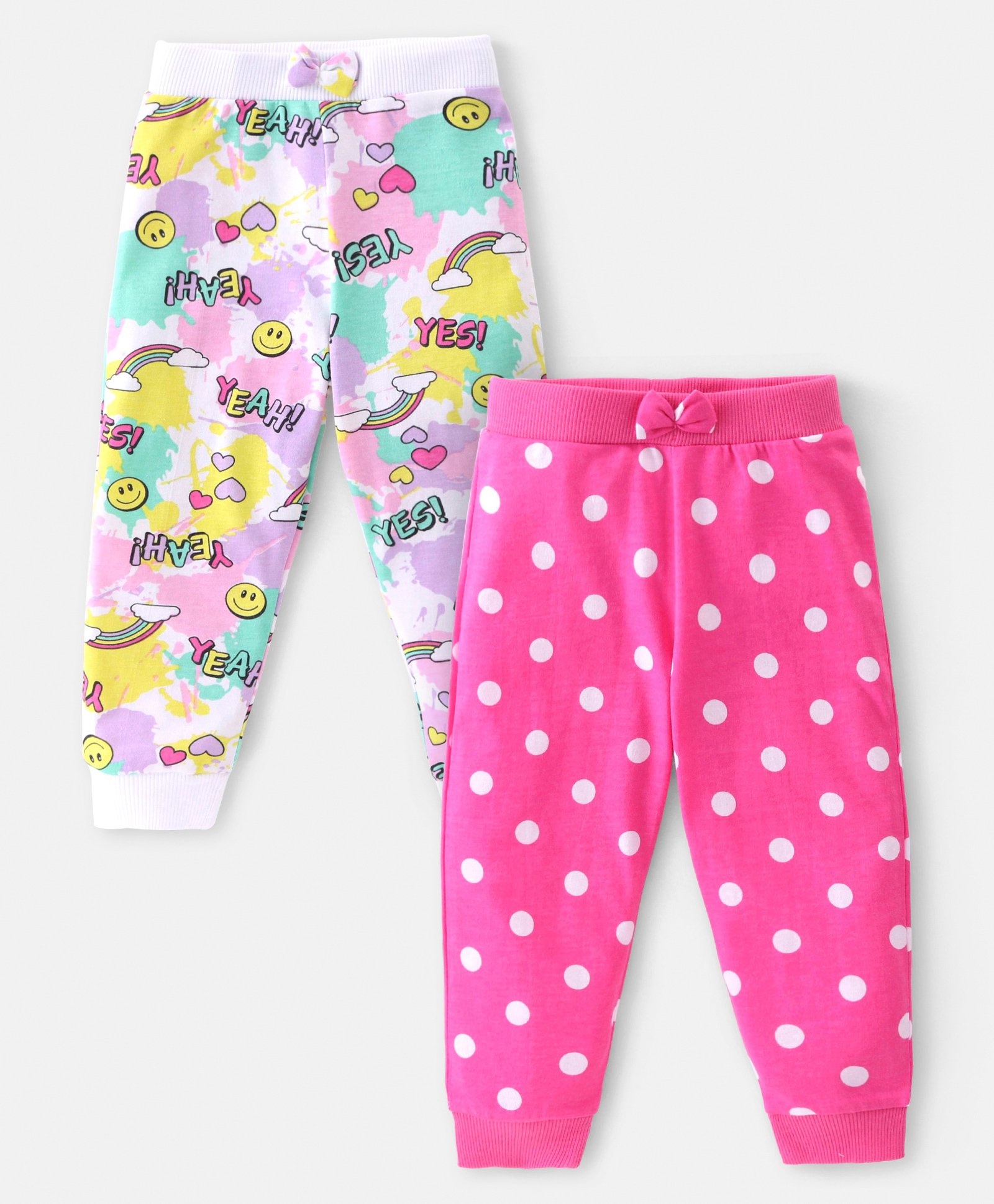 Babyhug Cotton Knit Full Length Lounge Pants with Polka Dots & Hearts Print Pack of 2 - Multicolour