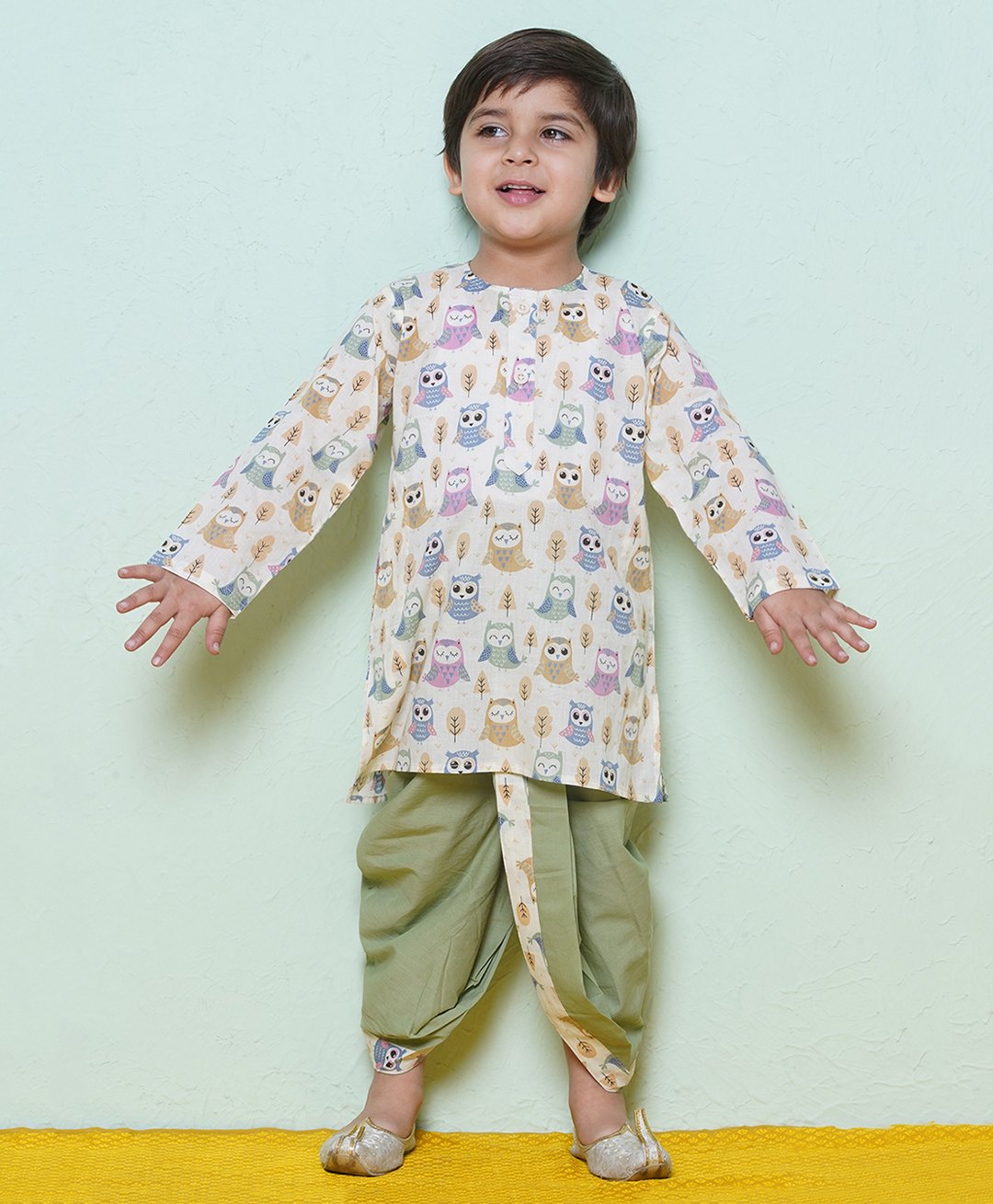 AJ Dezines Full Sleeves Owl Printed  Cotton Dhoti Kurta Set -Pista-image-4