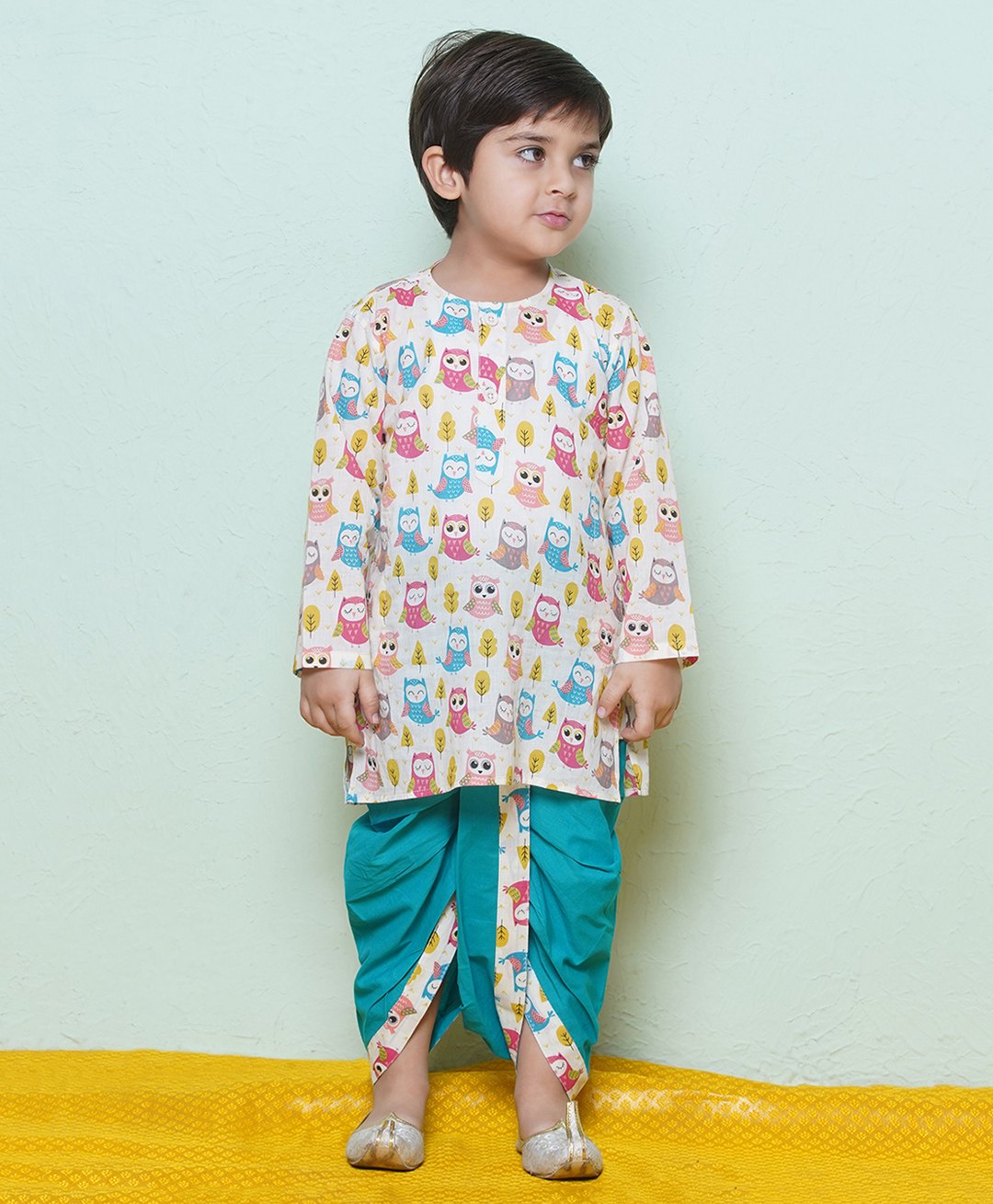 AJ Dezines Cotton Full Sleeves Owl Printed Dhoti Kurta Set - Teal-image-3