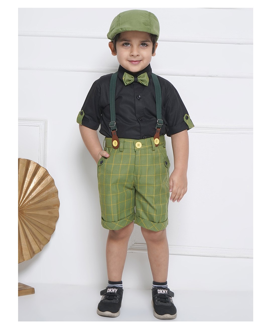 AJ Dezines Cotton Half Sleeves Solid  Shirt With Checked Shorts Bow Cap &  Suspender Set -    Green-picture-44