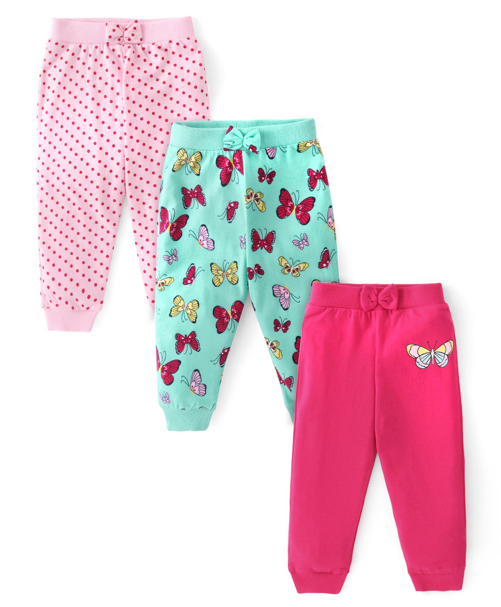 Babyhug Cotton Knit Full Length Lounge Pants Polka Dots & Butterfly Print with Bow Applique Pack of 3 - Multicolour-image-25