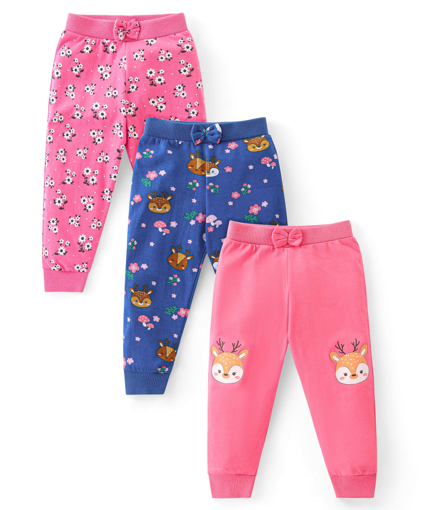 Babyhug Cotton Knit Full Length Lounge Pants Floral & Deer Print with Bow Detailing Pack of 3 - Multicolour-picture-31