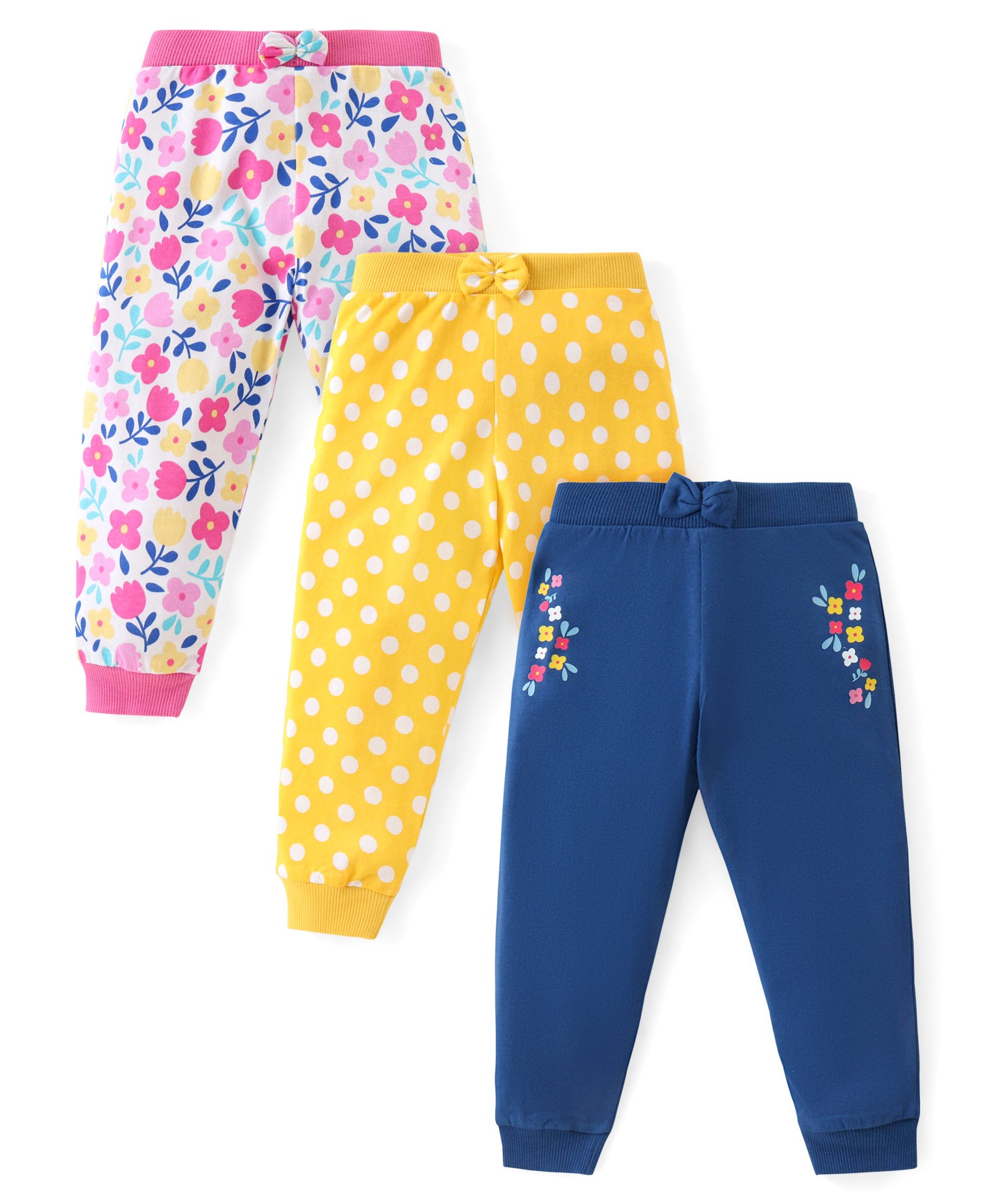 Babyhug Cotton Knit Full Length Lounge Pants Floral & Polka Dots Print with Bow Applique Pack of 3 - Multicolour