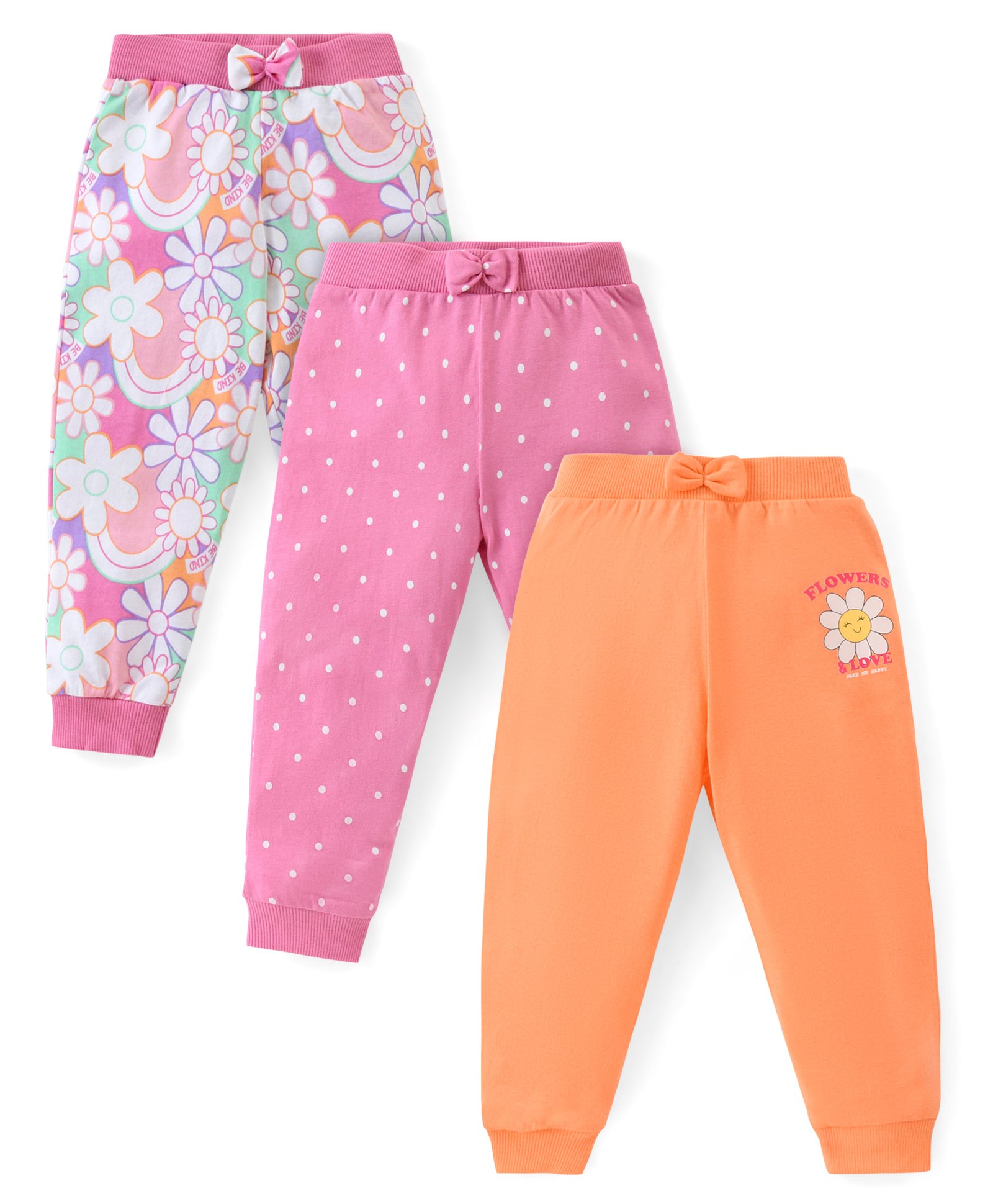 Babyhug Cotton Full Length Lounge Pants Floral & Polka Dots Print Pack of 3 - Multicolour