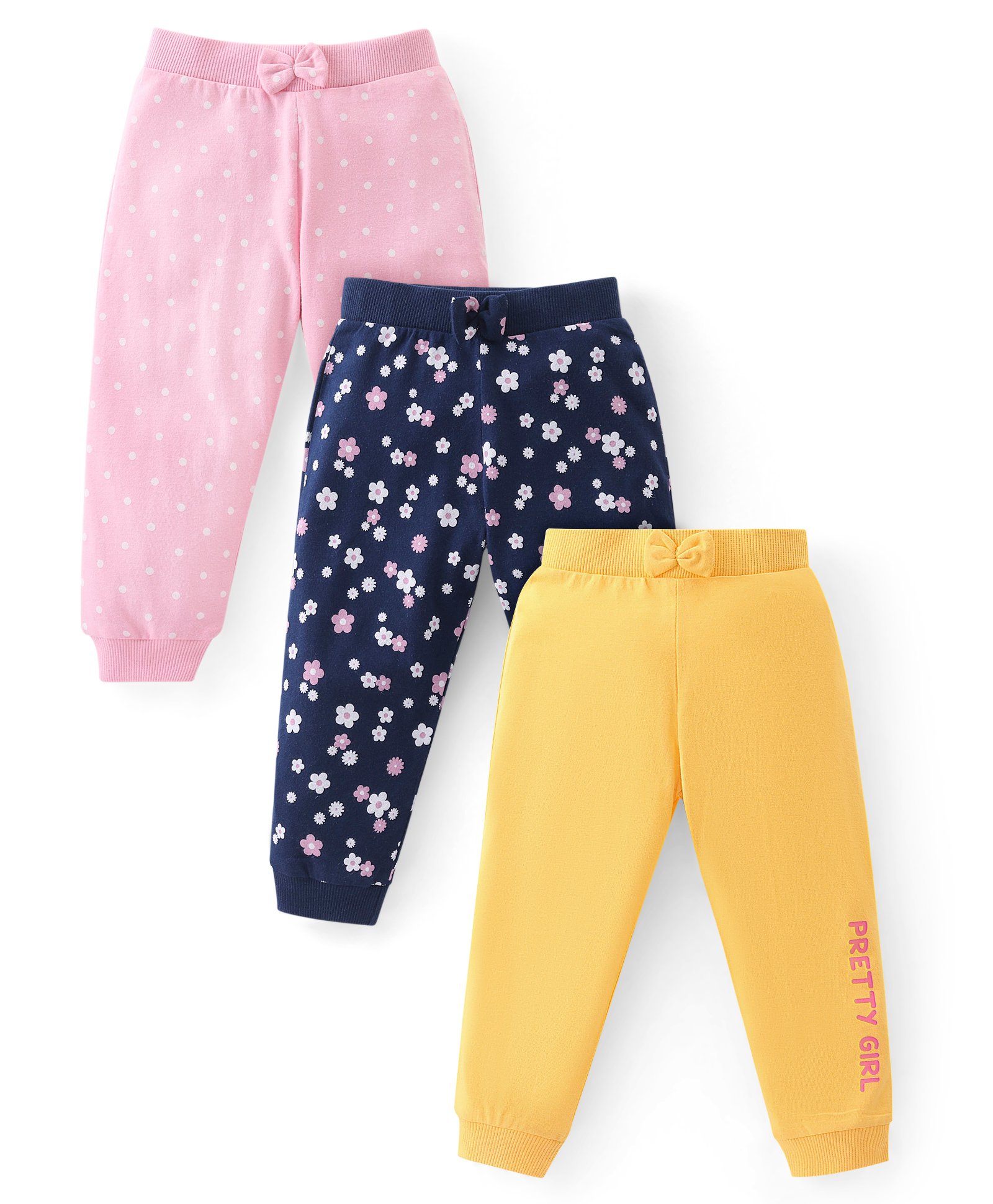 Babyhug Cotton Knit Full Length Lounge Pants Floral & Polka Dots Print with Bow Applique Pack of 3 - Multicolour-picture-12