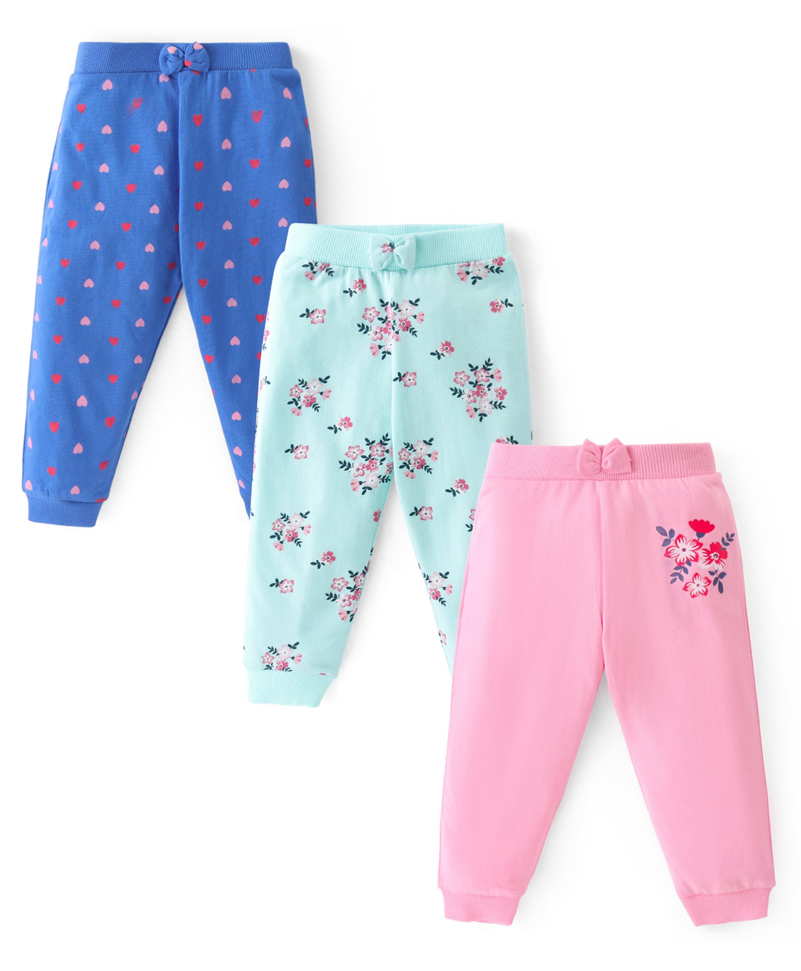 Babyhug Cotton Knit Full Length Lounge Pants Floral & Hearts Print with Bow Applique Pack of 3 - Multicolour-picture-12