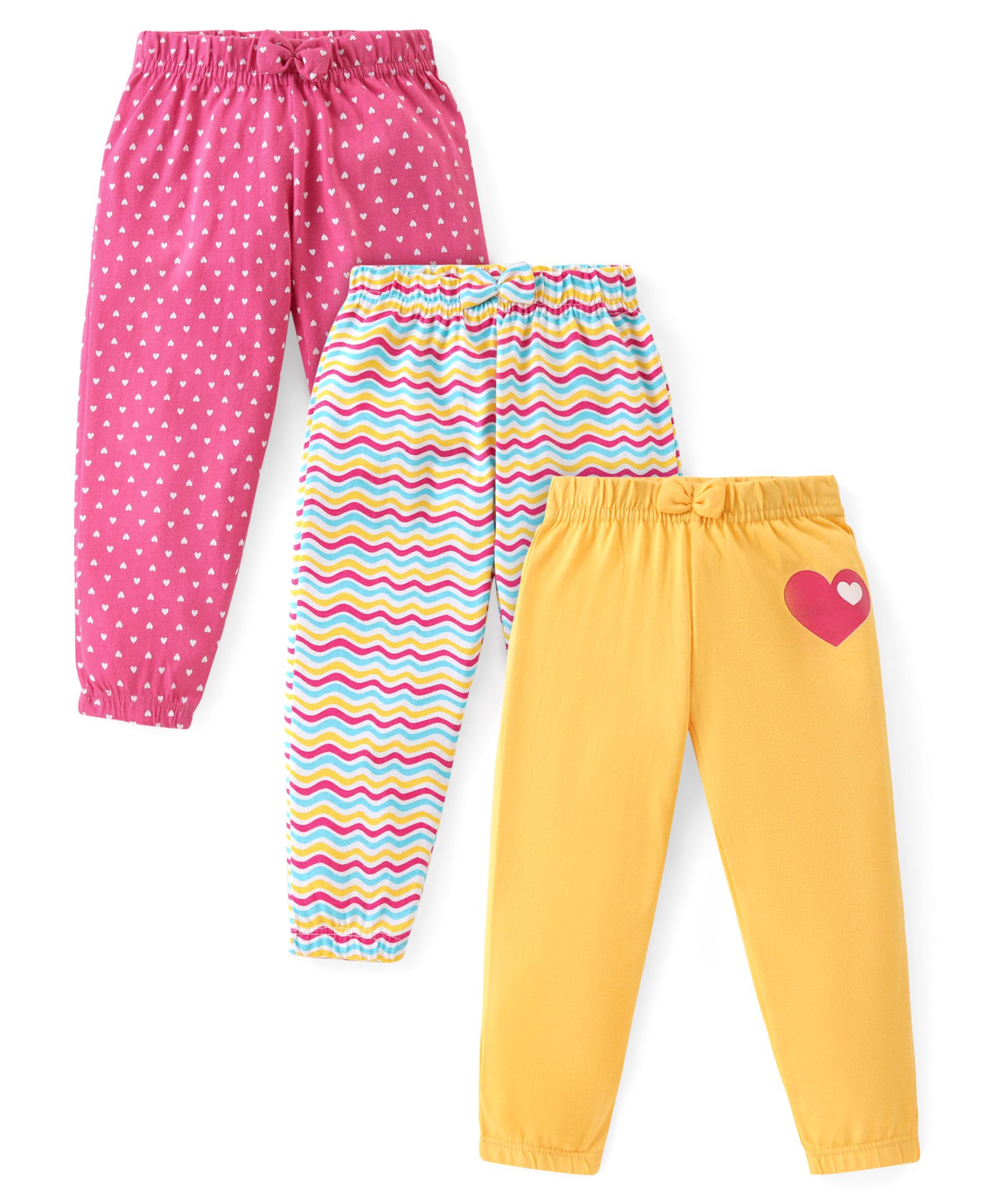 Babyhug Cotton Knit Full Length Striped Lounge Pants Heart Print with Bow Detailing Pack of 3 - Multicolour-image-45