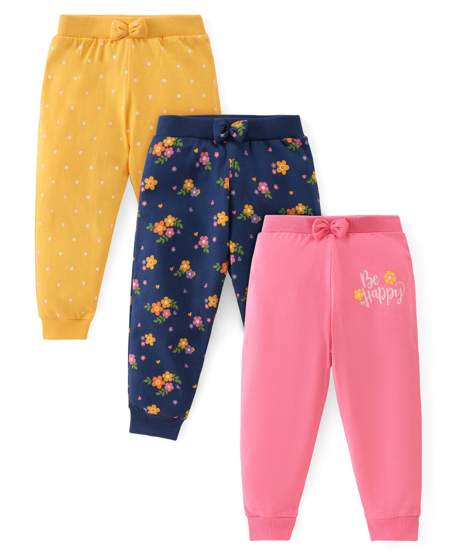 Babyhug Cotton Knit Full Length Lounge Pants Floral & Polka Dots Print with Bow Applique Pack of 3 - Multicolour-picture-14