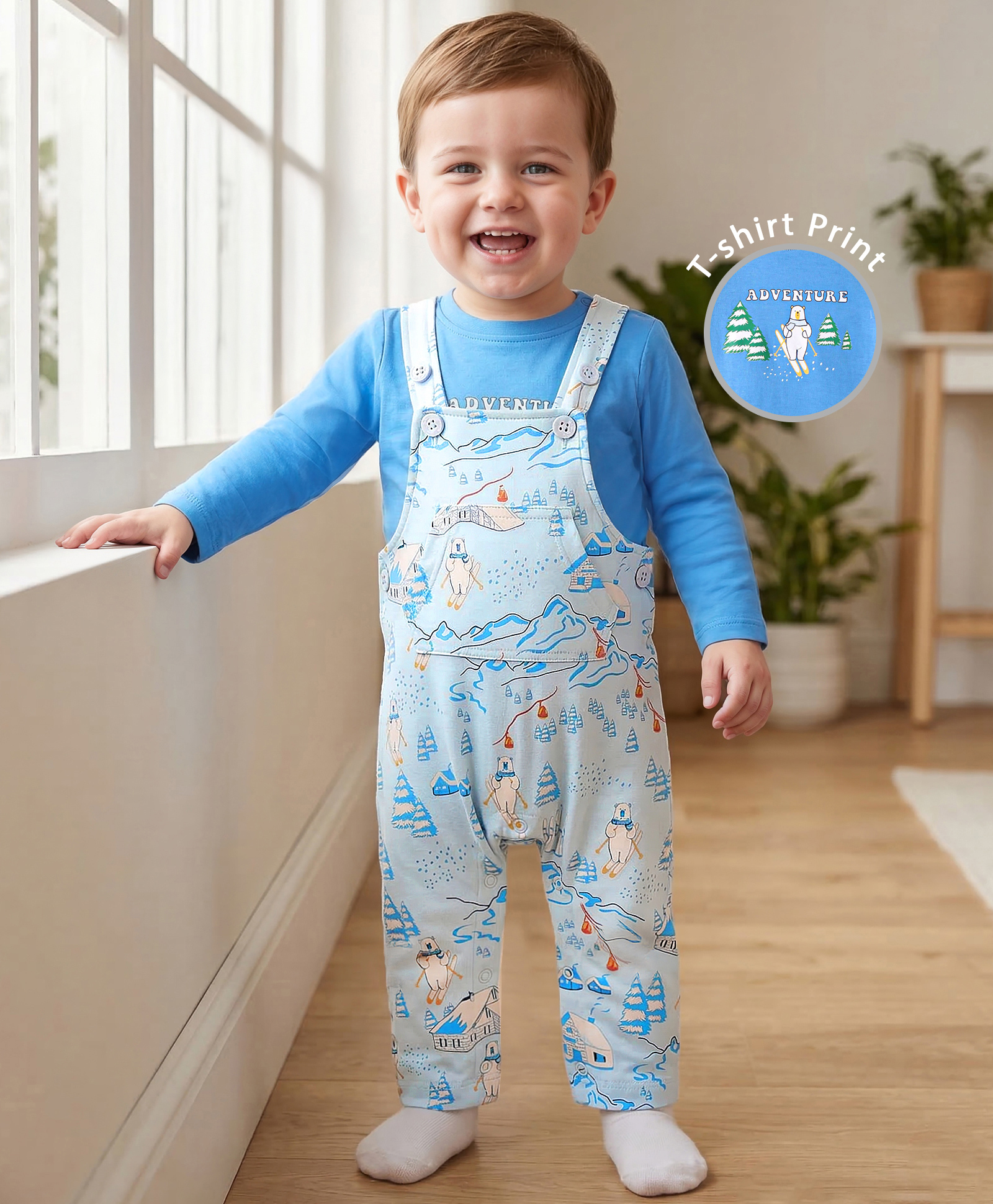 Babyoye 100% Cotton Knit with Eco Jiva Finish Dungaree with Full SleevesT-Shirt Polar Bear Print - Blue-picture-19