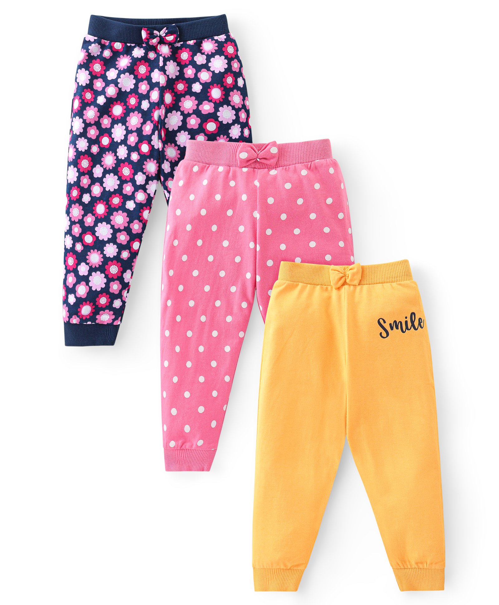 Babyhug Cotton Knit Full Length Lounge Pants with Floral & Polka Dots Print Pack of 3 - Multicolour