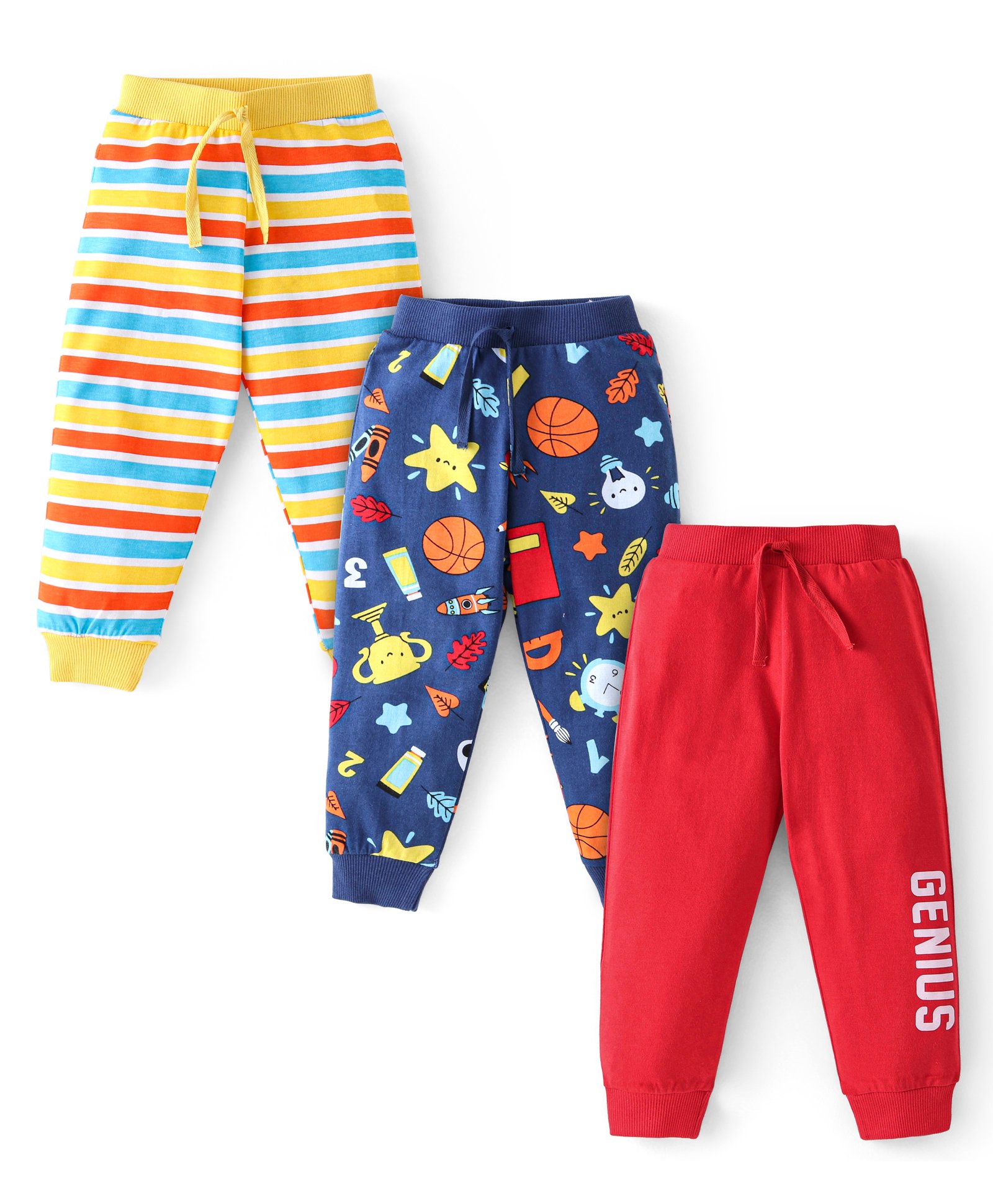 Babyhug Cotton Knit Full Length Lounge Pant with Stripes & Text Print Pack of 3 - Red Yellow & Navy-picture-24