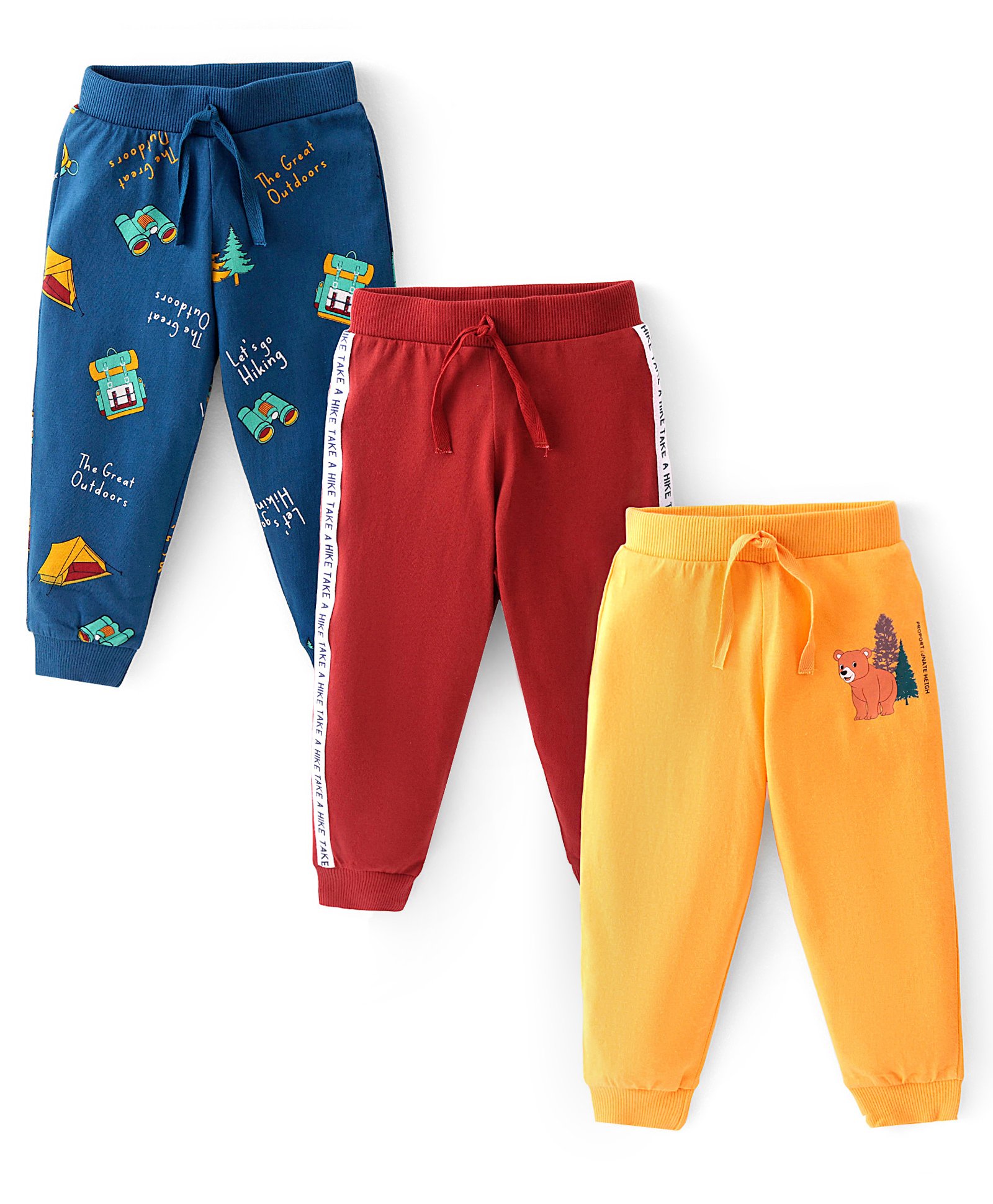 Babyhug Cotton Knit Full Length Lounge Pants with Bear & Forest Theme Print Pack of 3 - Yellow Blue & Maroon-image-30
