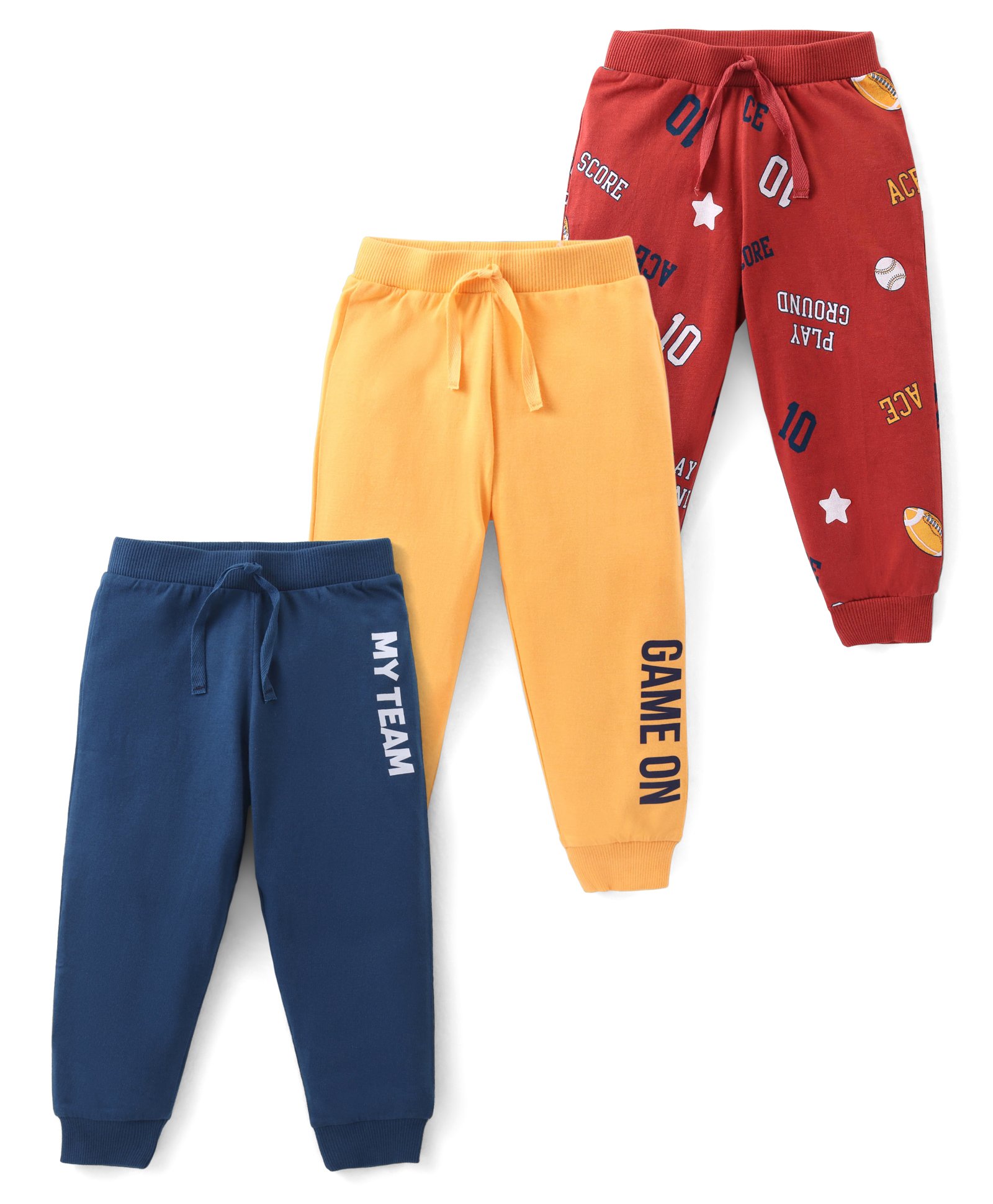 Babyhug Cotton Knit Full Length Lounge Pant with Text Print Pack of 3 - Yellow Blue & Red-image-38