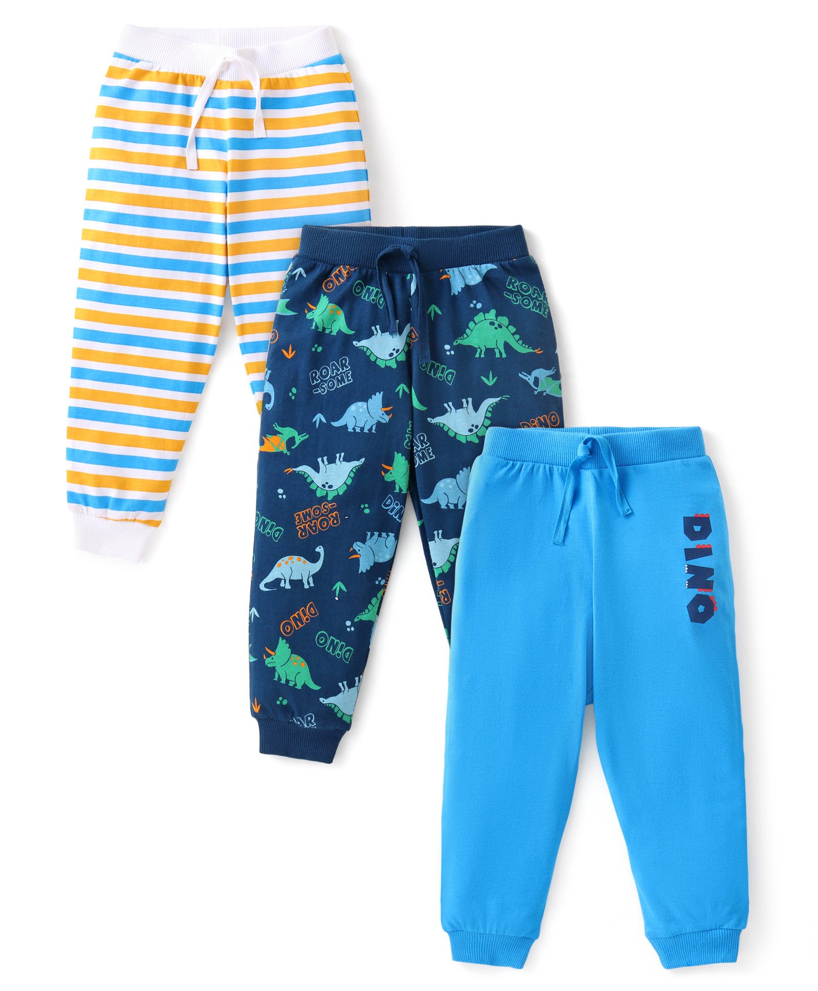 Babyhug Cotton Knit Full Length Striped Lounge Pants Dino Print Pack of 3 - Multicolour