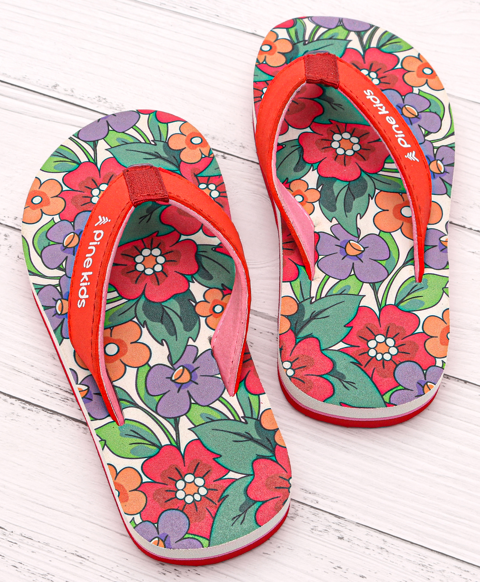 Pine Kids Slip On Flip Flops With Floral Print - Red-image-43