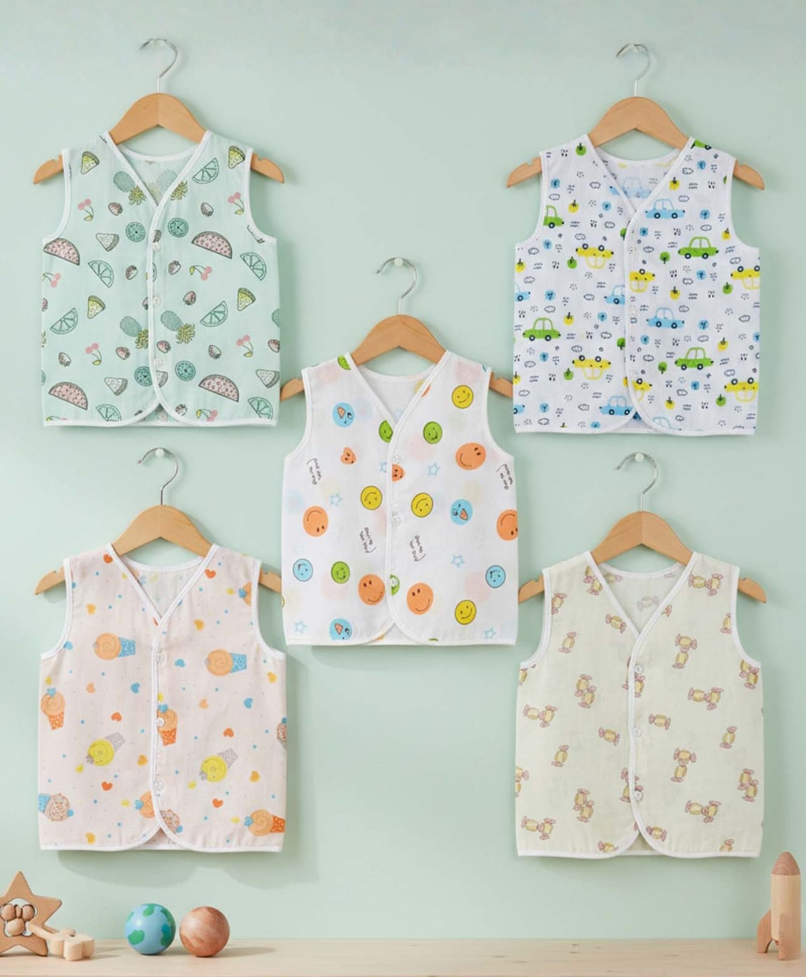 Baby Moo 100% Cotton Pack Of 5 Sleeveless Vehicles & Doodle Art Printed Jhablas - Yellow White Green & Orange-picture-27