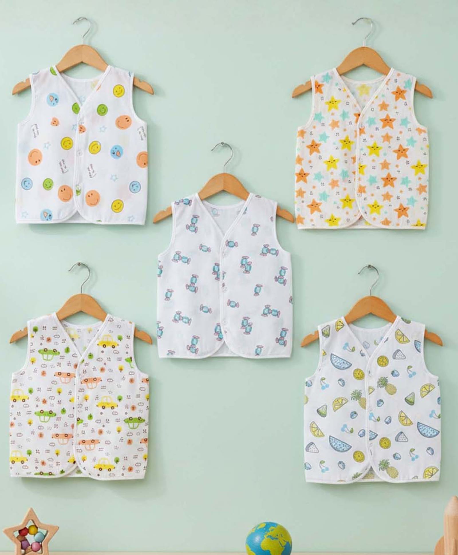 Baby Moo 100% Cotton Pack Of 5 Sleeveless Vehicles & Doodle Art Printed Jhablas - White-picture-10
