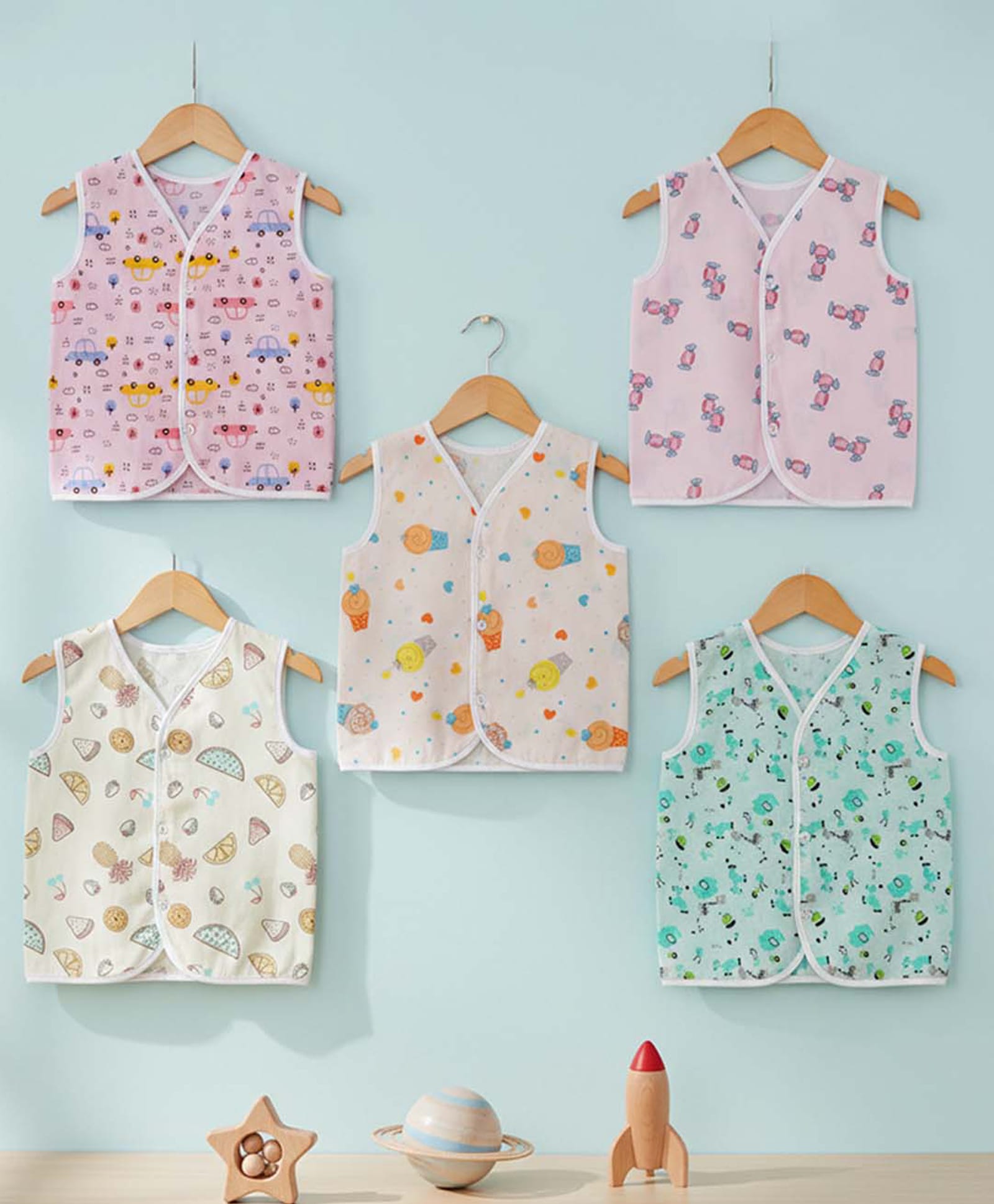 Baby Moo 100% Cotton Pack Of 5 Sleeveless Vehicles & Chocolates Printed Jhablas - Pink Yellow Green & Orange-picture-32