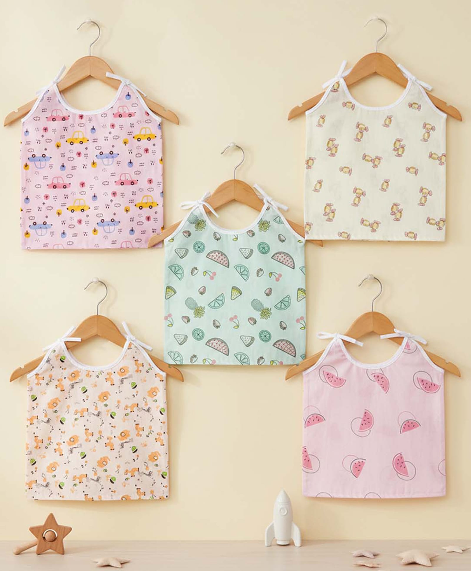 Baby Moo 100% Cotton Pack Of 5 Sleeveless Vehicles & Animals Printed Jhablas - Pink Yellow Green & Orange-picture-31