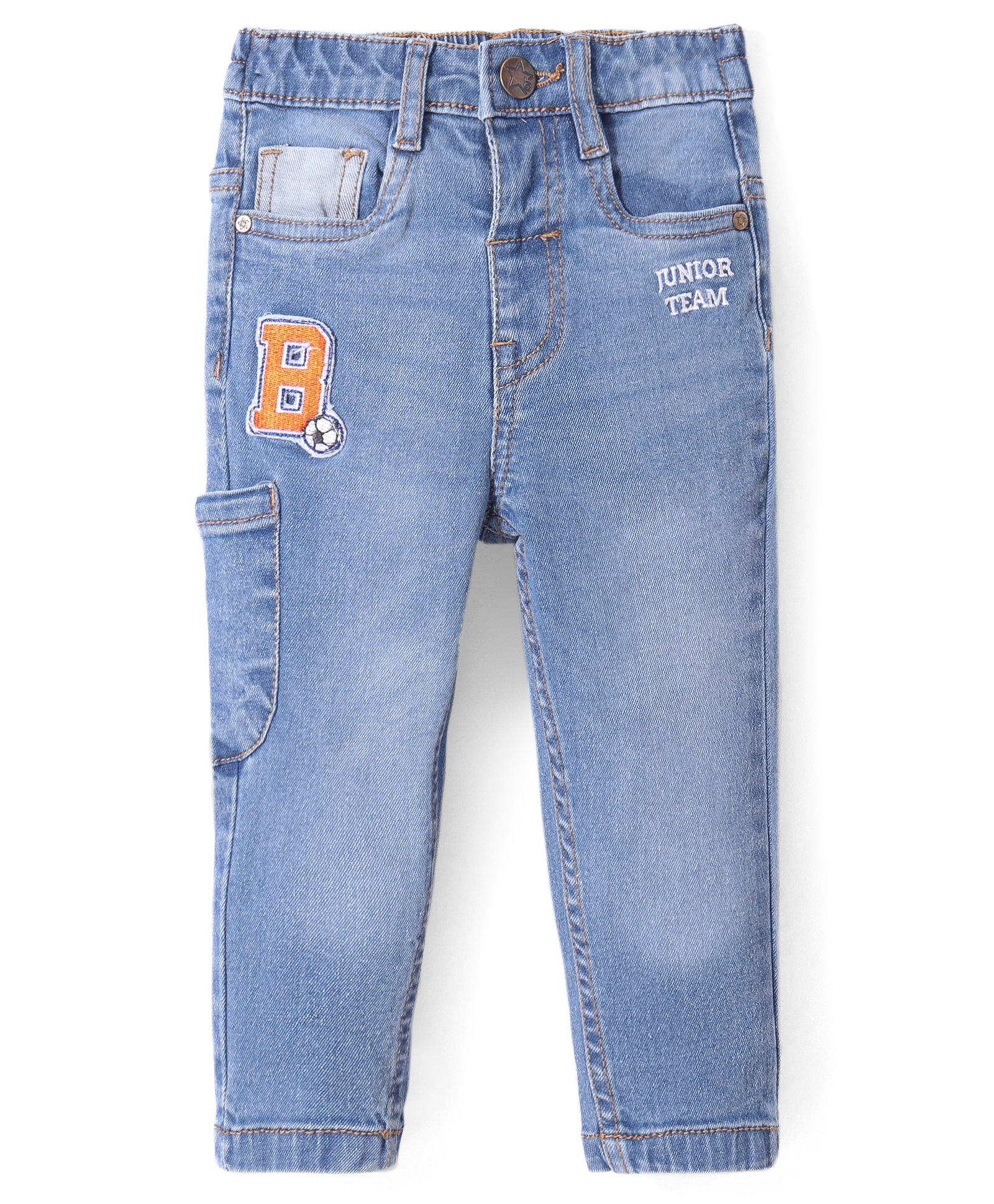 Babyhug Denim Full Length Stretch Washed Jeans With Alphabet Embroidered - Blue-picture-27