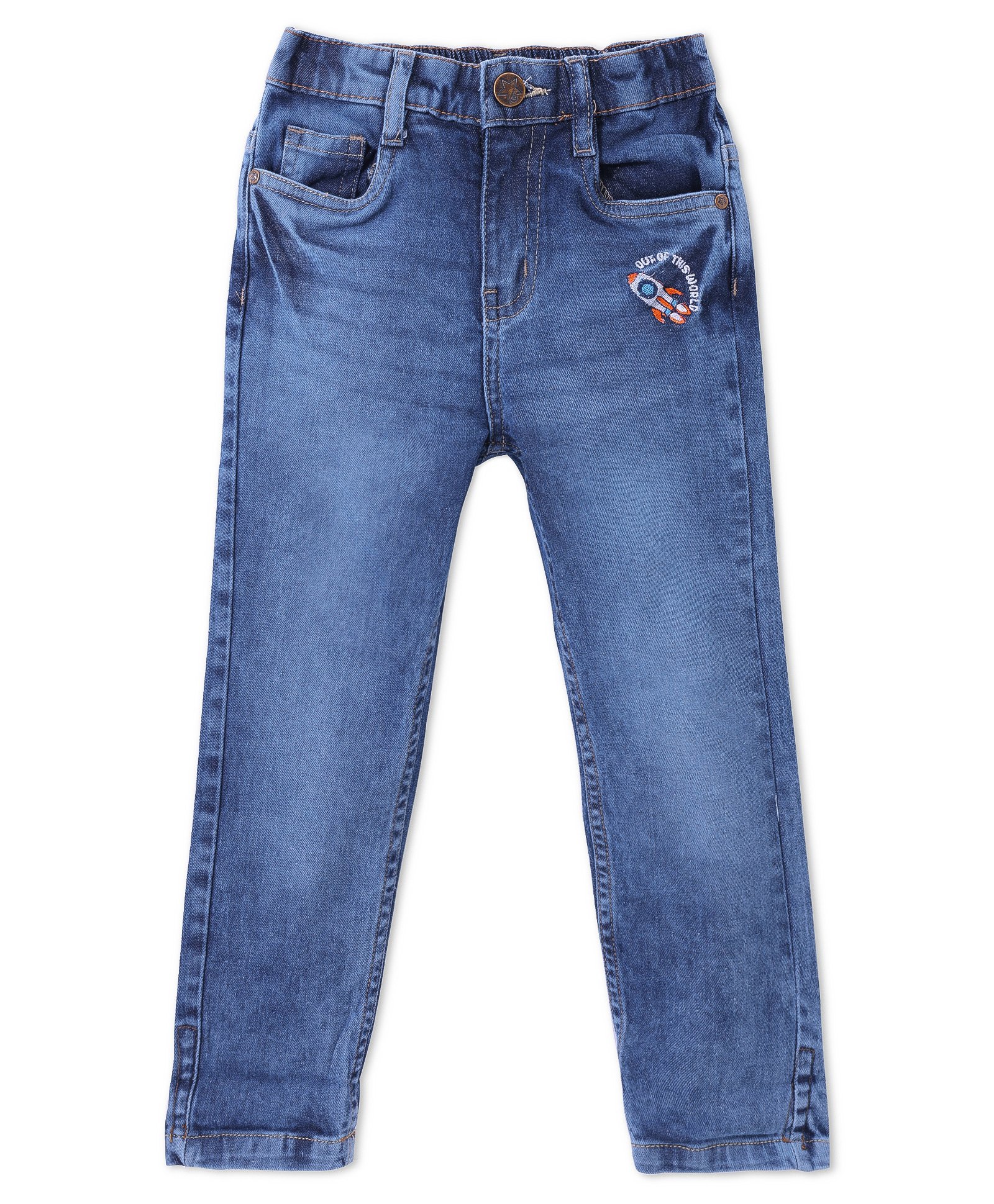 Babyhug Full Length Solid Denim Jeans With Rocket Embroidery - Blue-picture-36