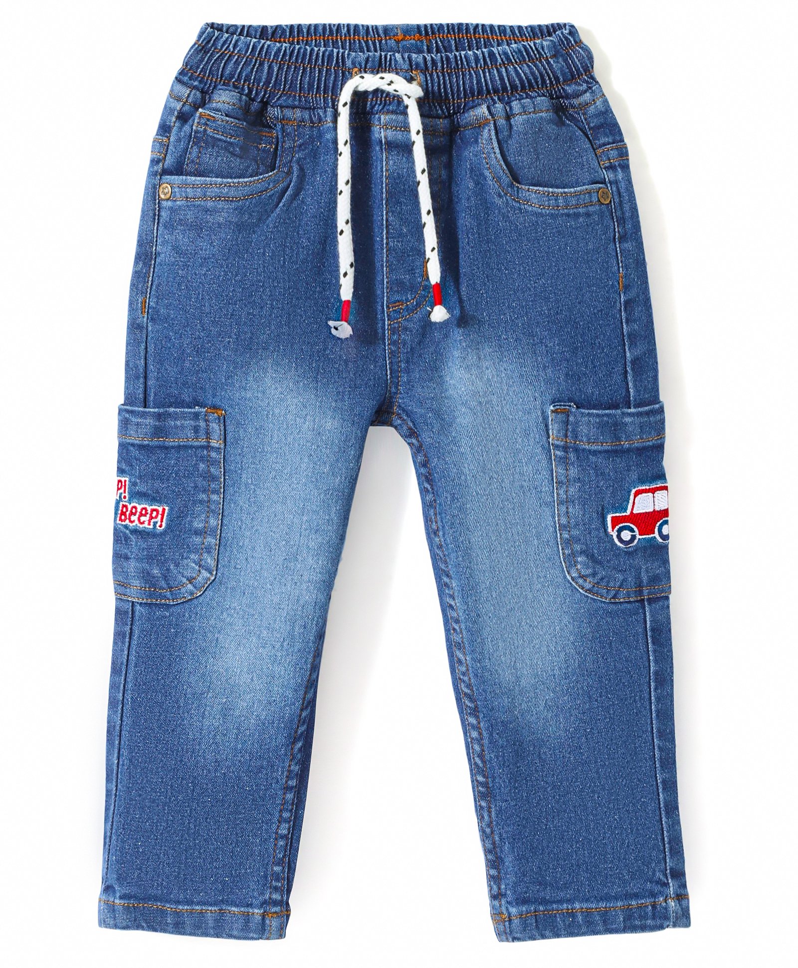 Babyhug Denim Washed Full Length Jeans with Stretch & Car Applique - Blue-image-49