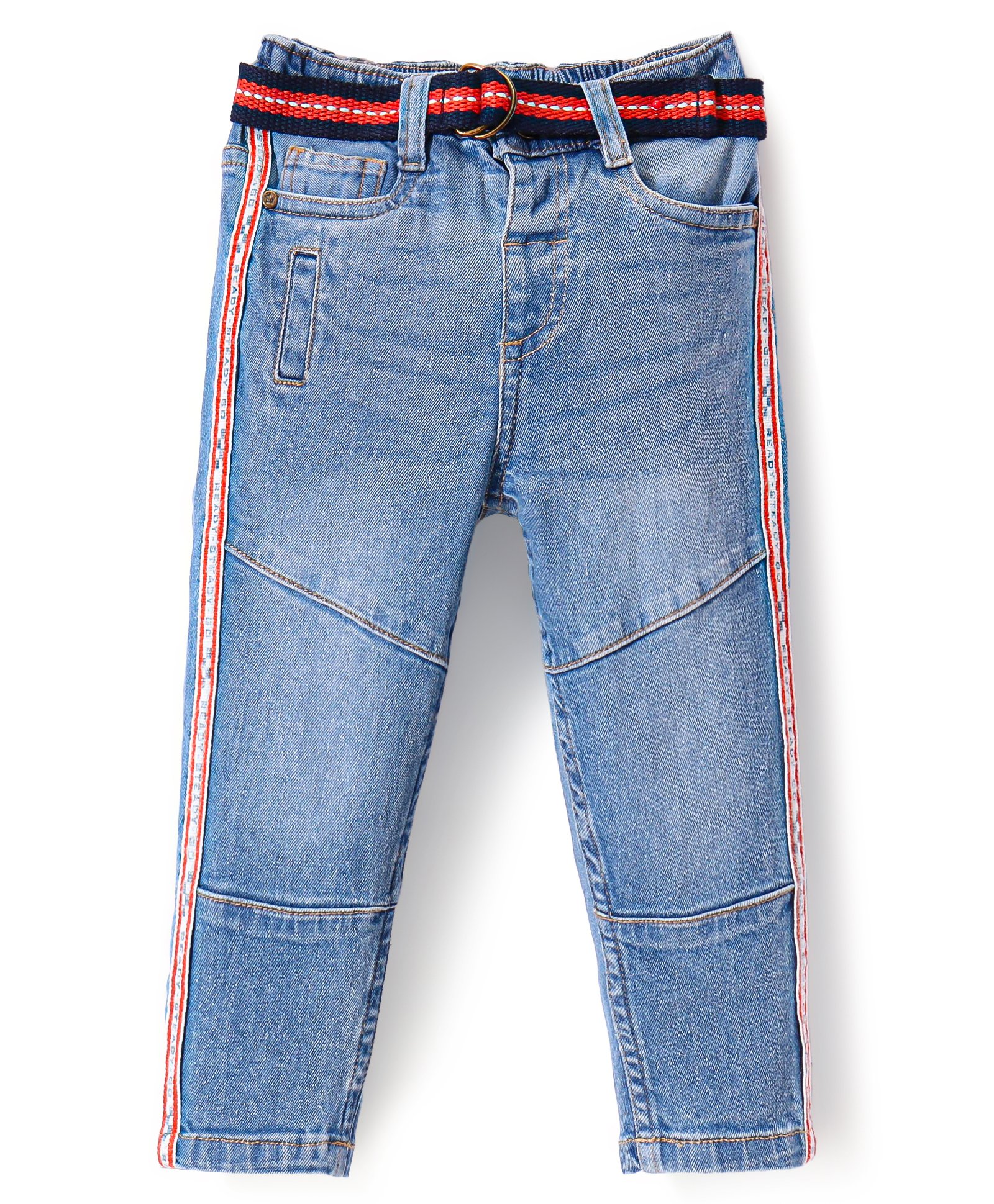 Babyhug Cotton Full Length Stretchable Denim Washed Jeans with Cut & Sew Design & Side Tape Detailing - Blue-picture-28