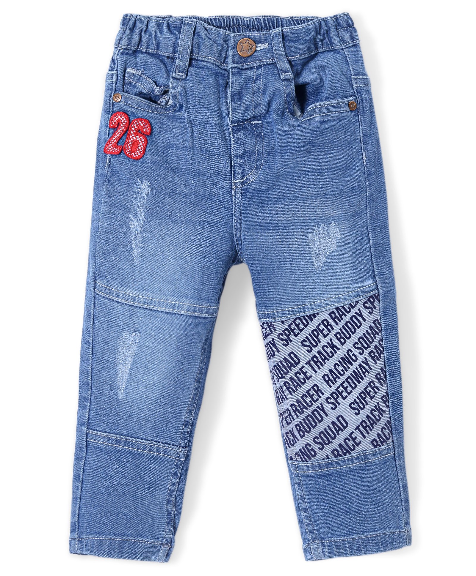 Babyhug Denim Washed Full Length Text Printed Jeans with Stretch - Blue-picture-10