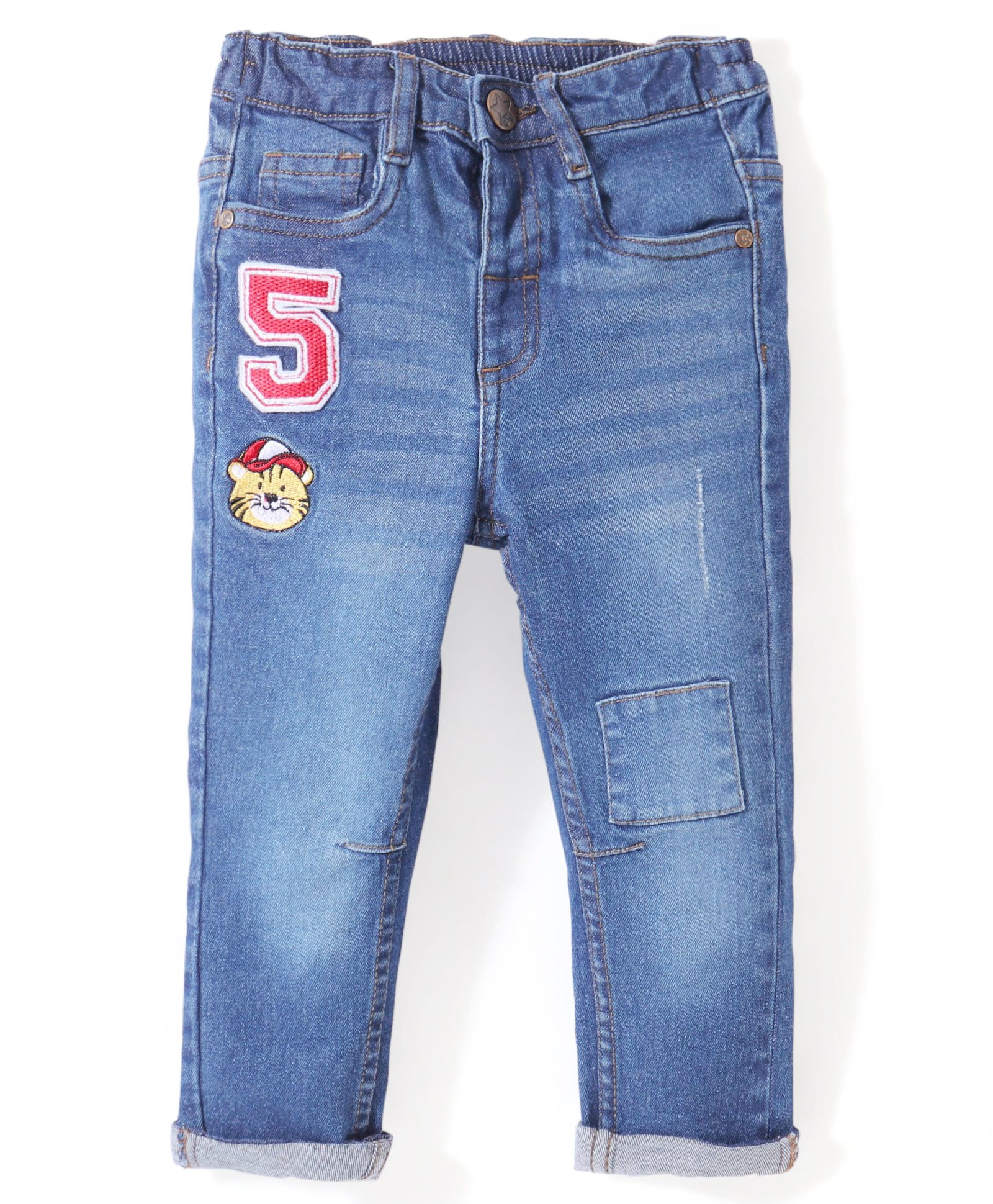 Babyhug Denim Full Length With Stretch Washed Jeans Tiger  Embroidered  - Blue-image-10