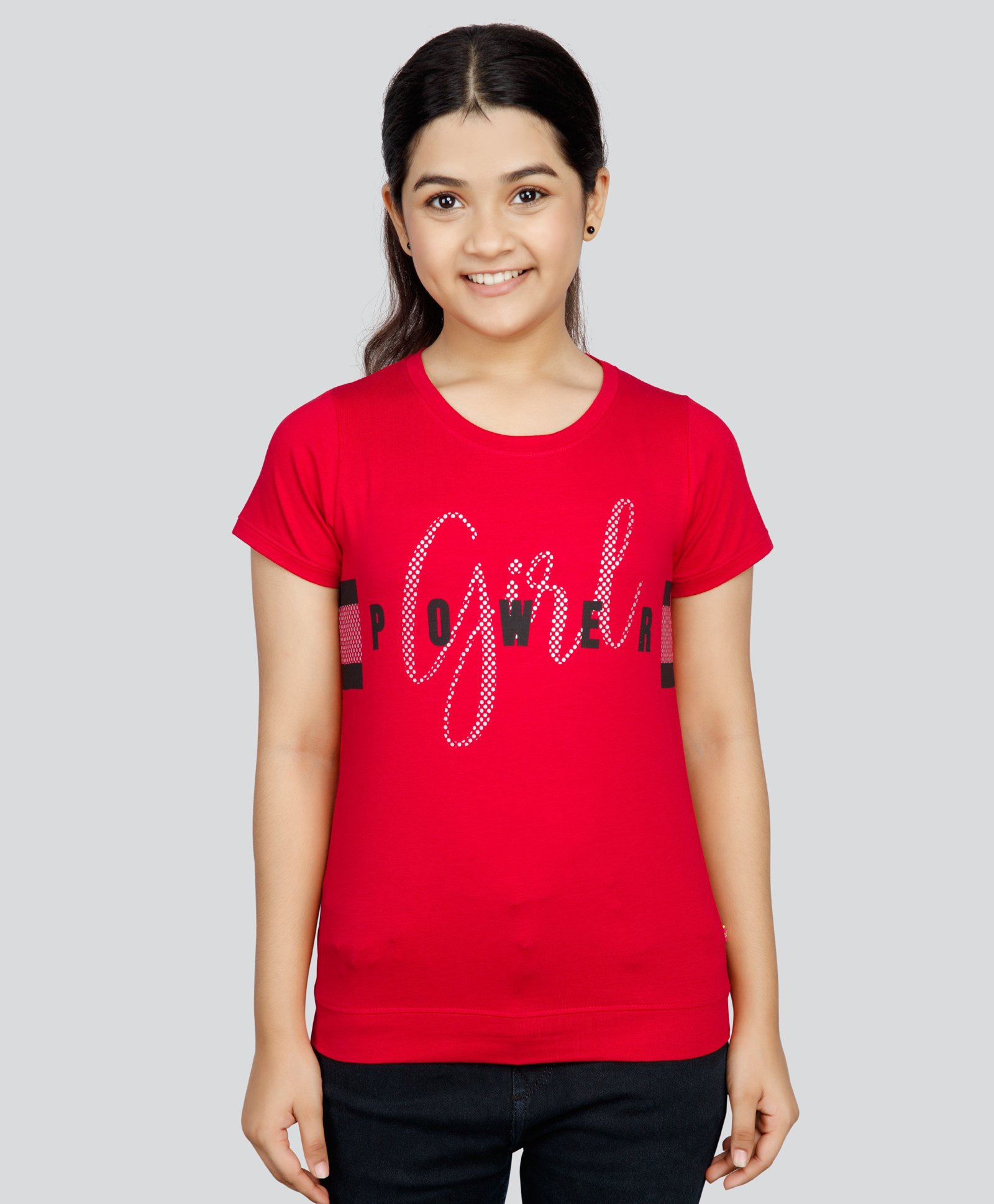 3PIN Cotton Jersey Half Sleeves Girl Power Text Printed Top - Red-picture-10