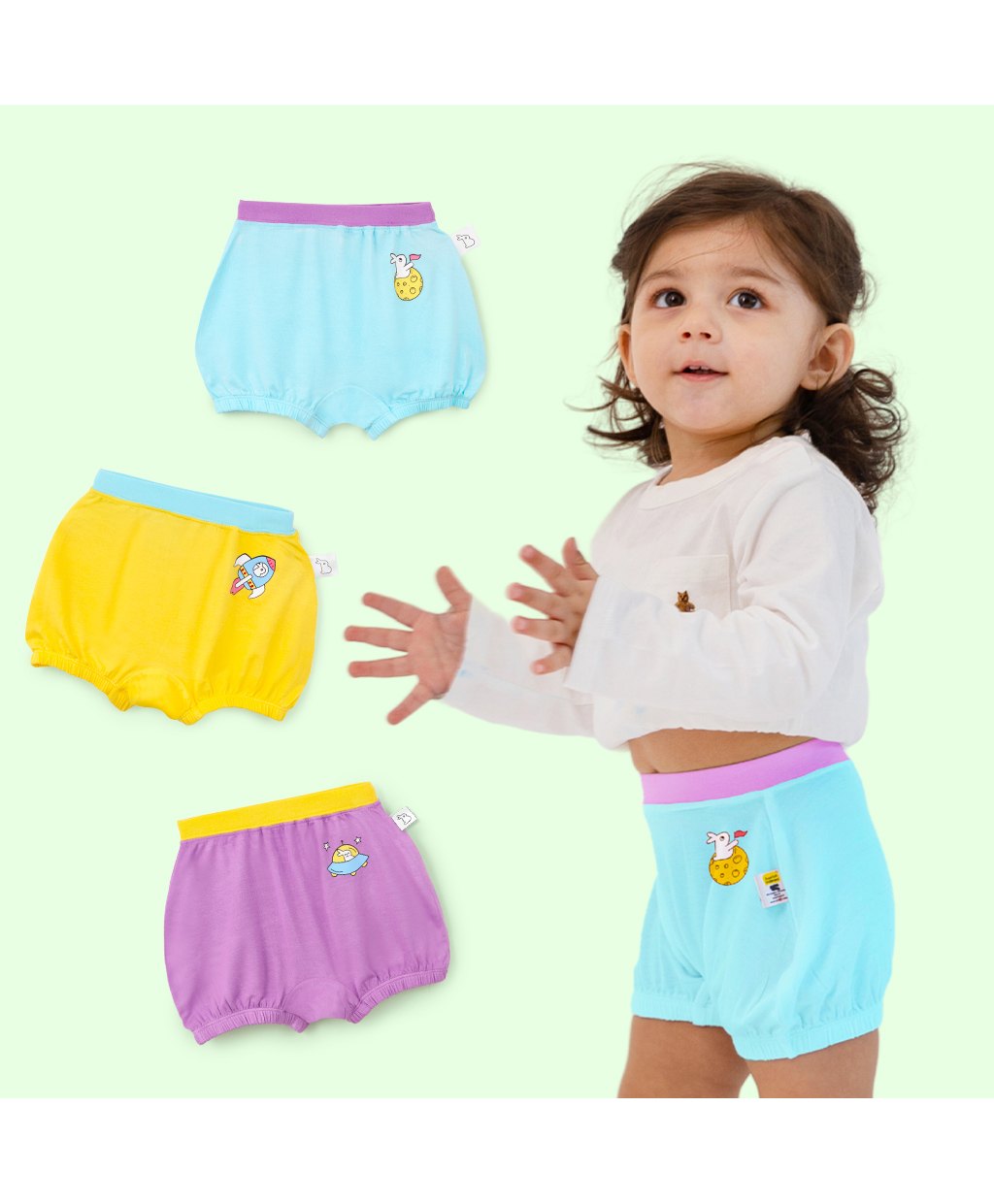 SuperBottoms Pack of 3 Bamboo Space Theme Printed Super Soft Bloomers - Yellow Purple & Blue-image-41