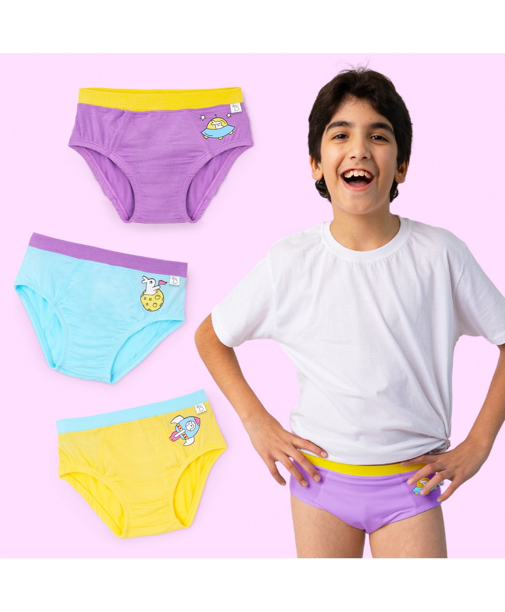 SuperBottoms Pack of 3 Bamboo Space Theme Printed Super Soft Briefs - Yellow Purple & Blue-picture-43