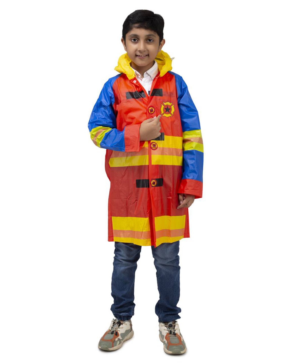 Yellow Bee PVC Full Sleeves Firefighter Adventure Printed Hooded Raincoat - Yellow & Red-image-1