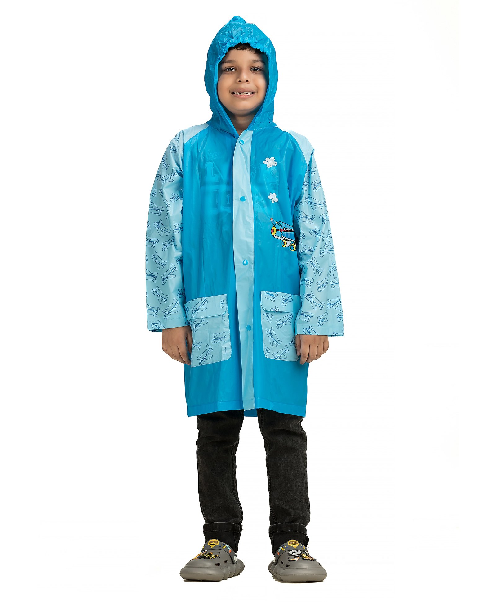 Yellow Bee PVC Full Sleeves Aeroplanes Printed Hooded Raincoat - Blue