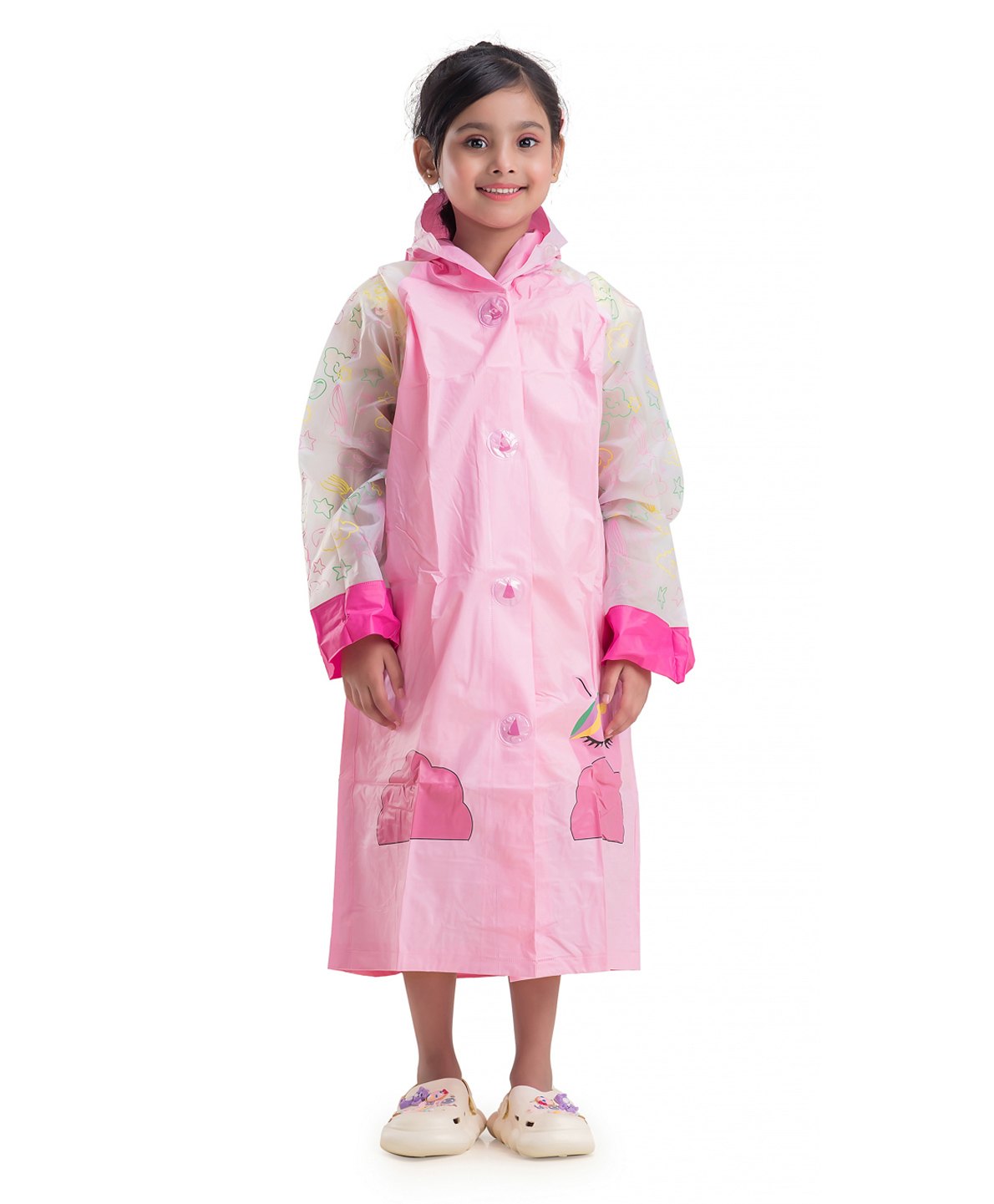 Yellow Bee PVC Full Sleeves Magical Unicorn Dreams Detailed Hooded Raincoat - Pink