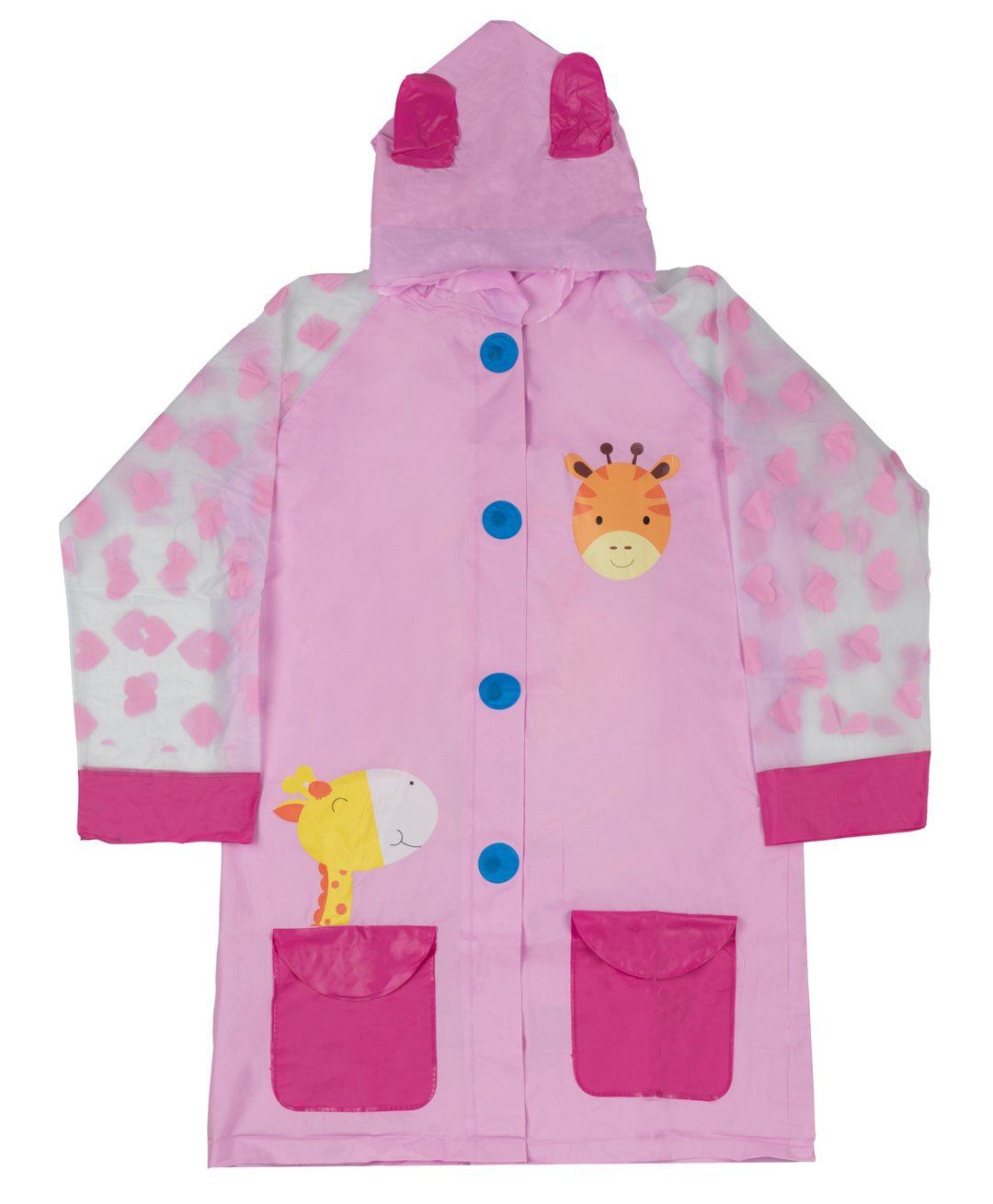 Yellow Bee PVC Full Sleeves Giraffe Detailed Hooded Raincoat - Pink
