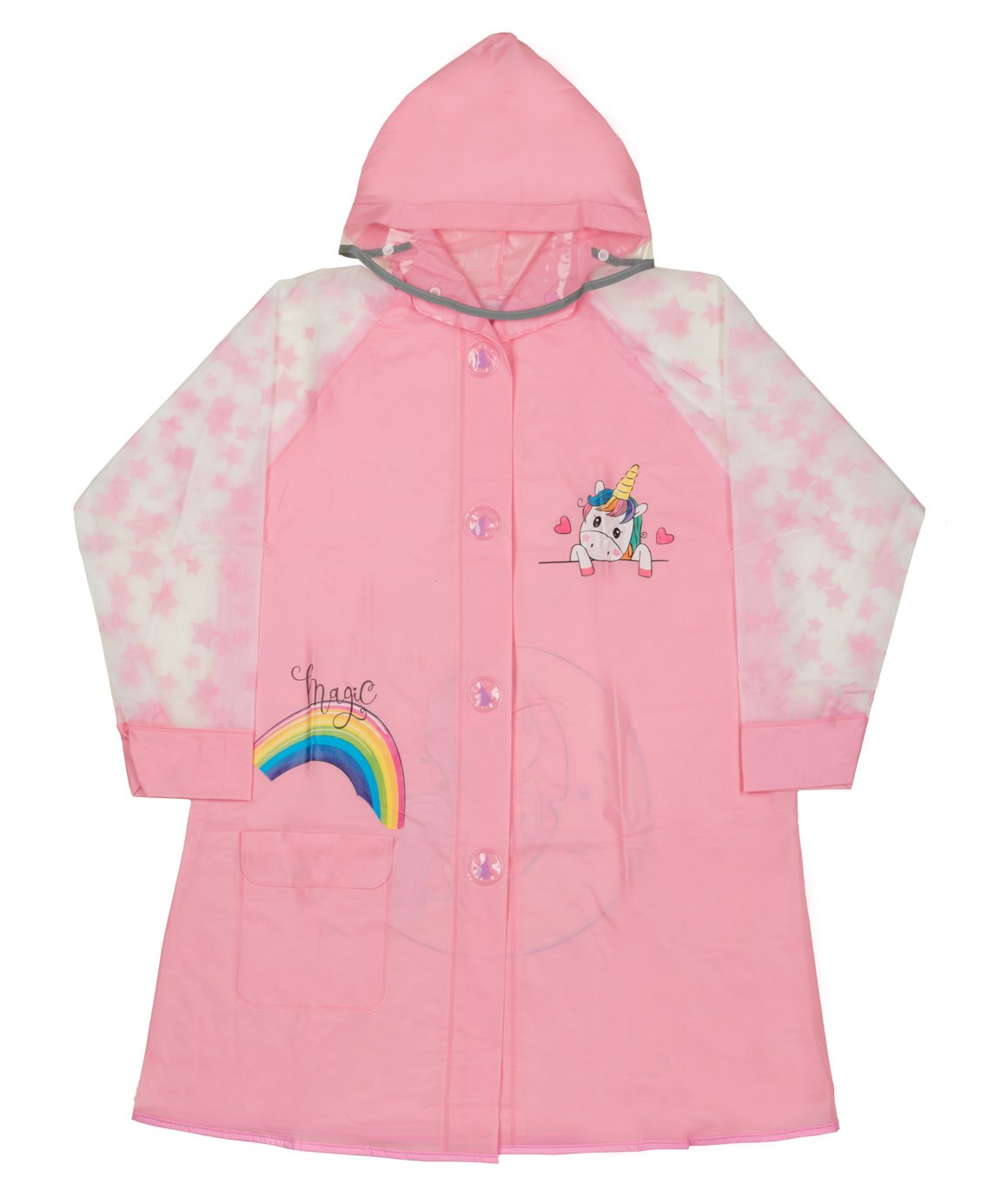 Yellow Bee PVC Full Sleeves Unicorn Printed Hooded Style Rain Coat - Pink