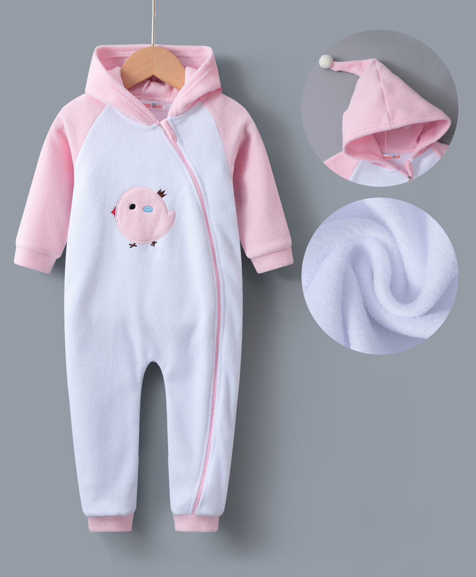 Kookie Kids Full Sleeves Hooded Winter Wear Romper with Bird Embroidery - Pink-picture-15