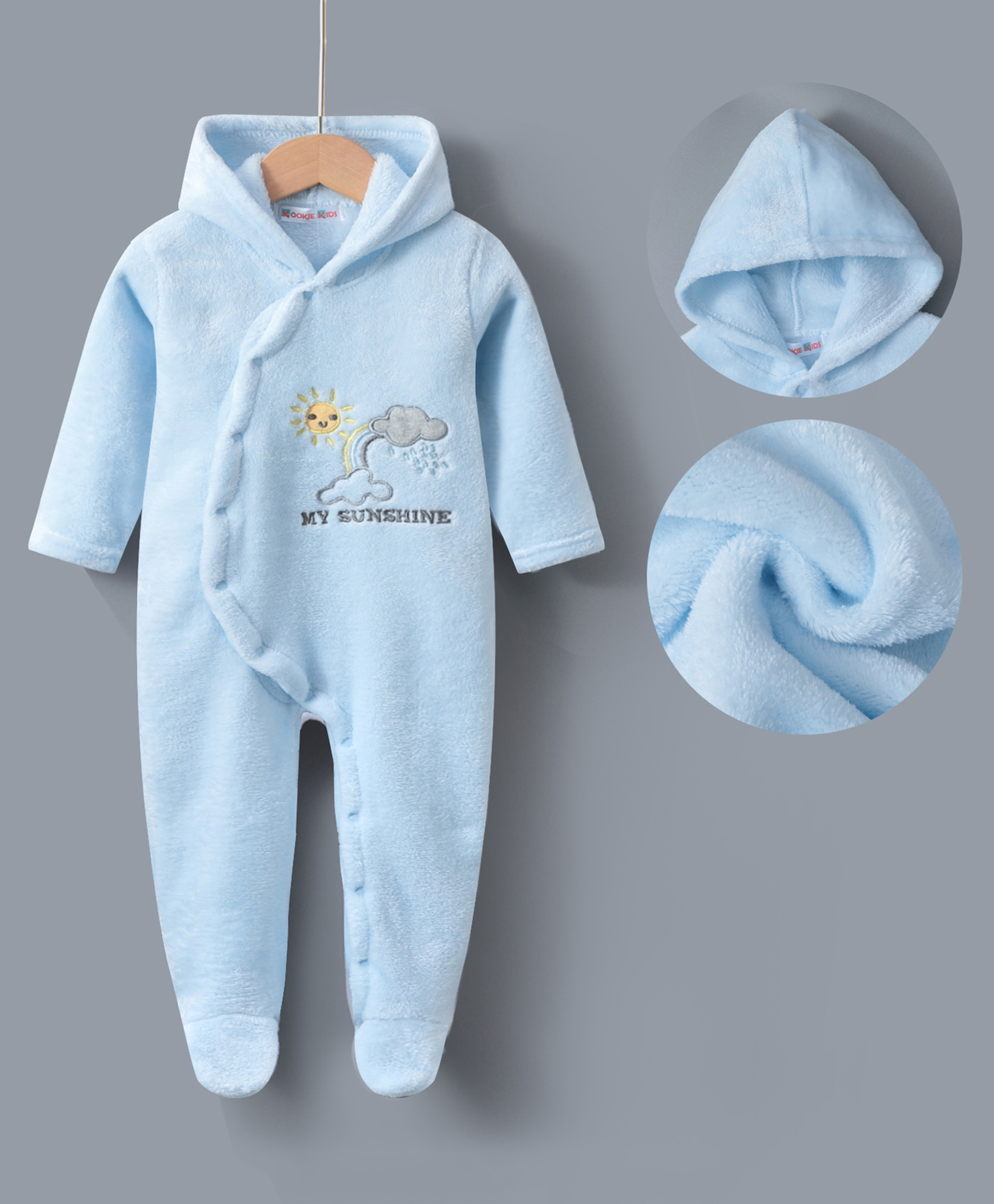 Kookie Kids Full Sleeves Footed  Hooded Winter Wear Romper with Sun Embroidery - Blue-picture-14