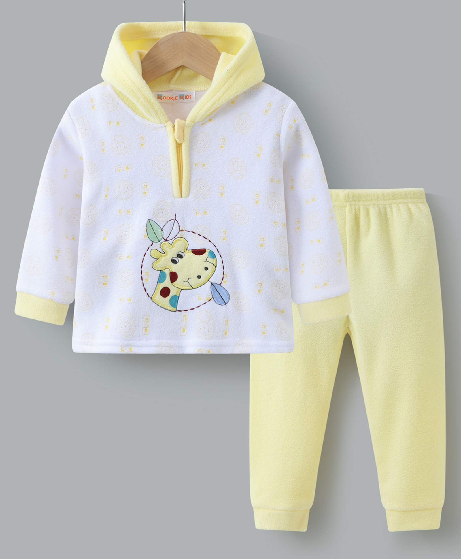 Kookie Kids Full Sleeves Hooded Front Zipper Winter Wear Suit With Giraffe Embroidery - Yellow & White-image-21