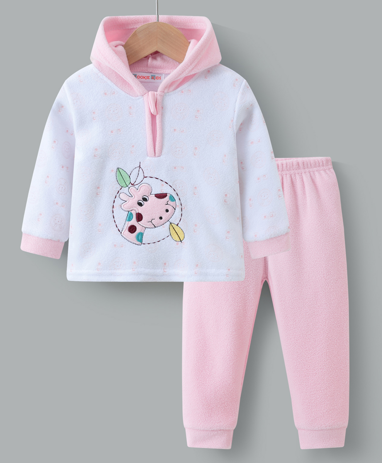 Kookie Kids Full Sleeves Hooded Front Zipper Winter Wear Suit With Giraffe Embroidery - Pink & White-image-22