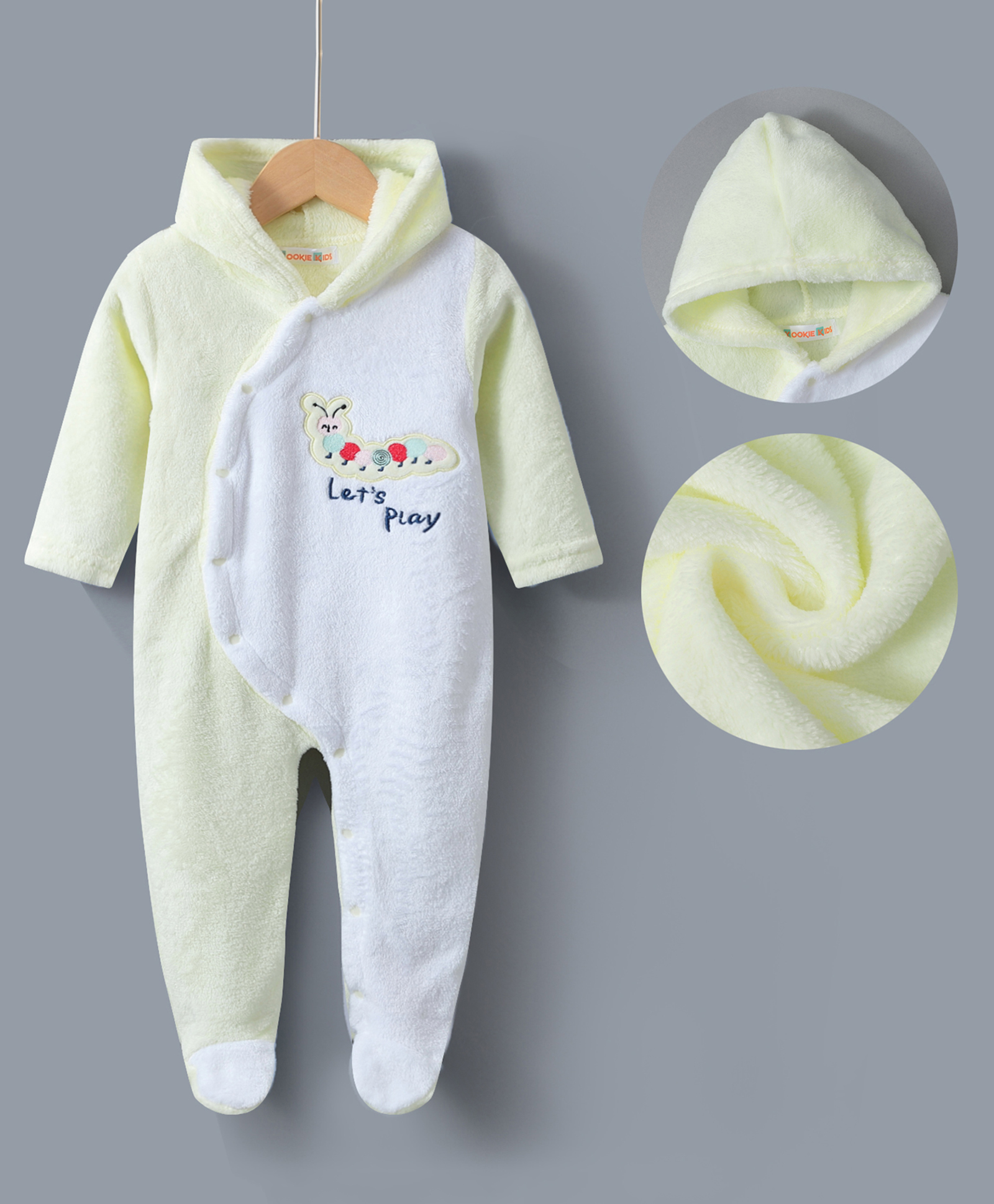 Kookie Kids Full Sleeves Footed  Hooded Winter Wear Romper with Bug Embroidery - Yellow-picture-19